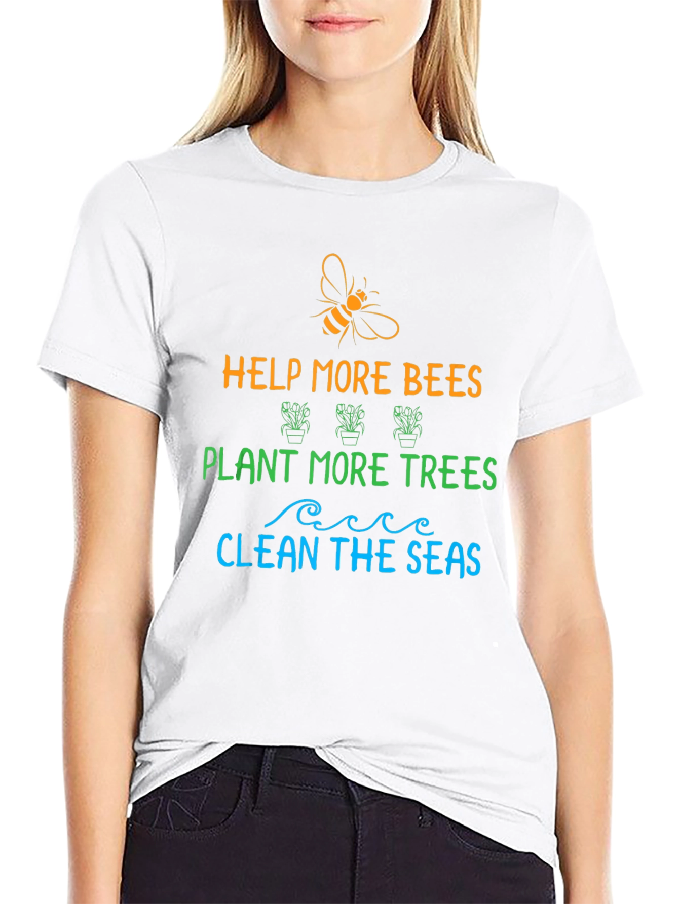 Help Bees Plant Trees Clean Seas Black Graphic T-Shirt