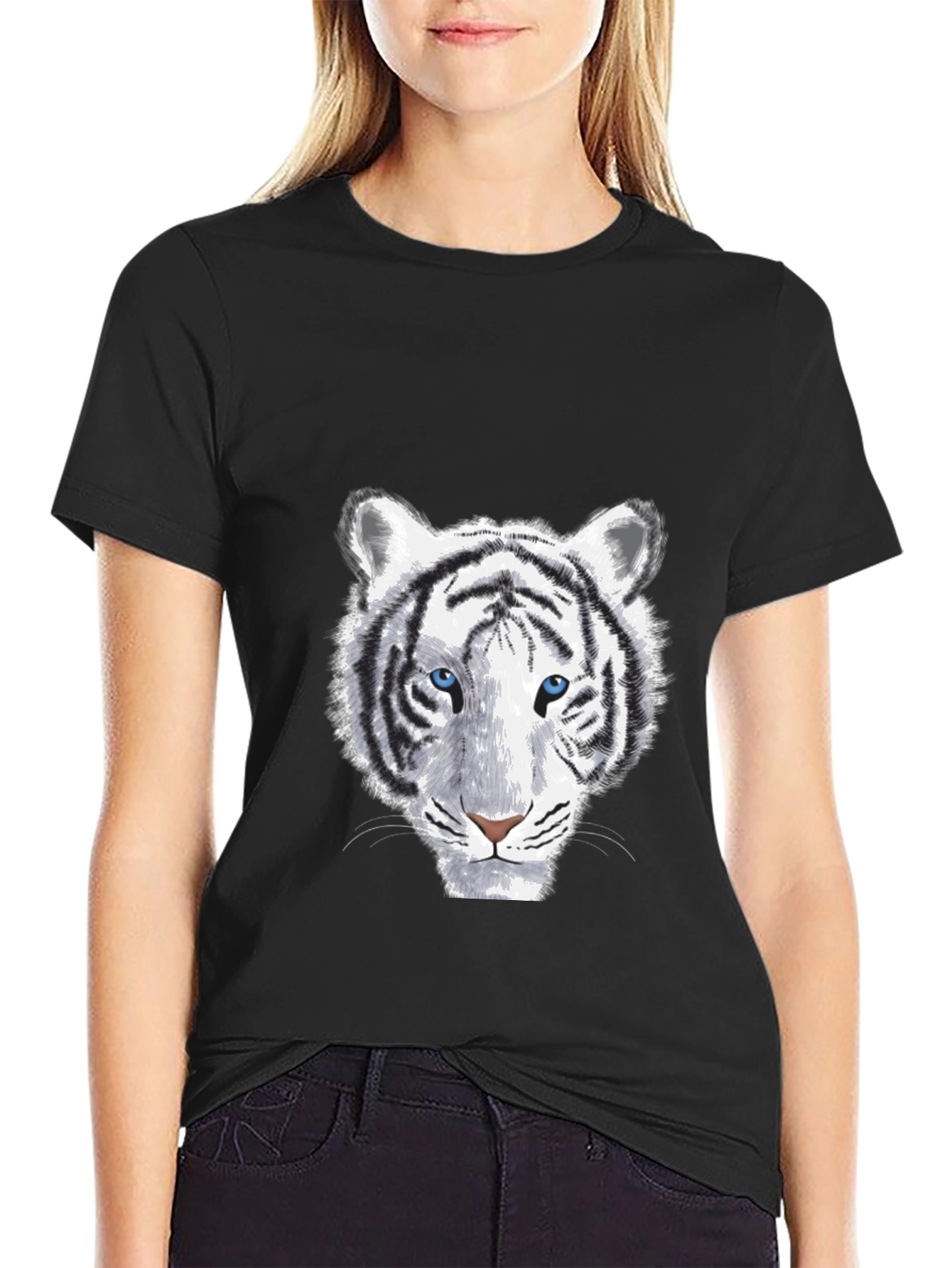 White Tiger Graphic Print Mens Black T-Shirt