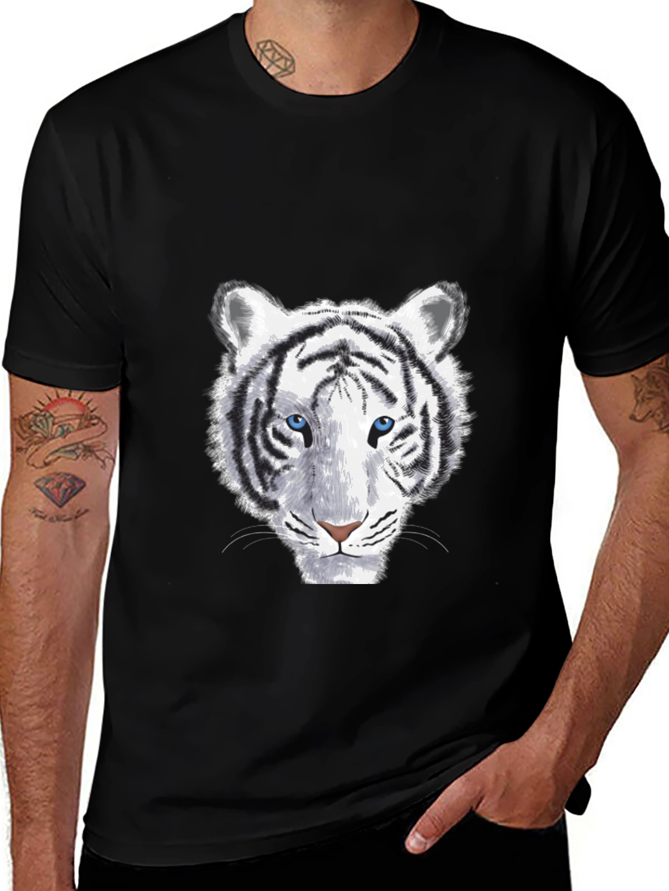 White Tiger Graphic Print Mens Black T-Shirt