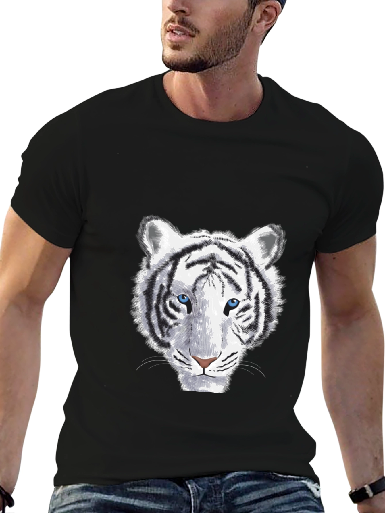 White Tiger Graphic Print Mens Black T-Shirt