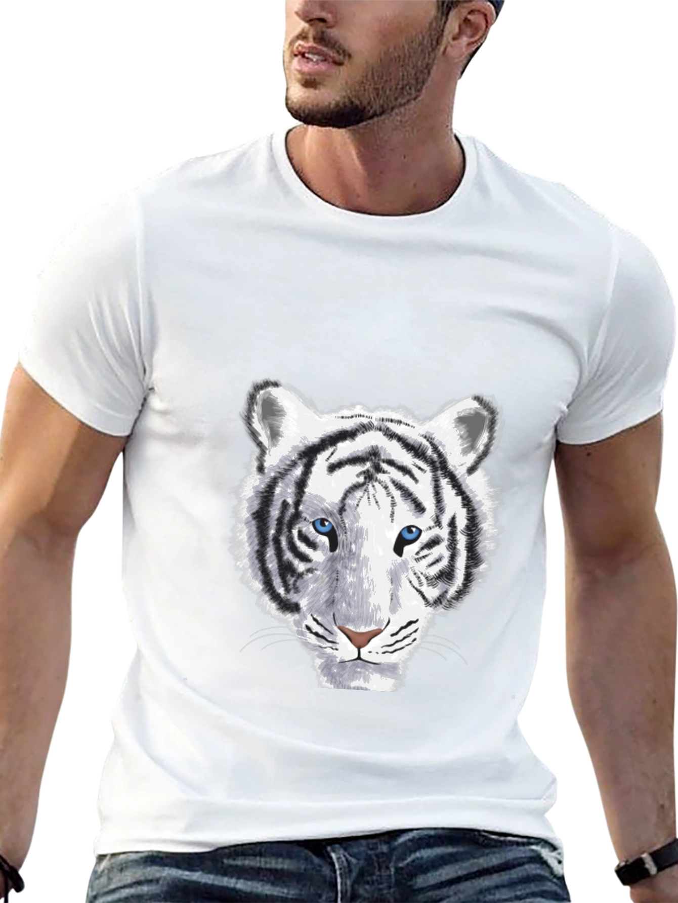 White Tiger Graphic Print Mens Black T-Shirt