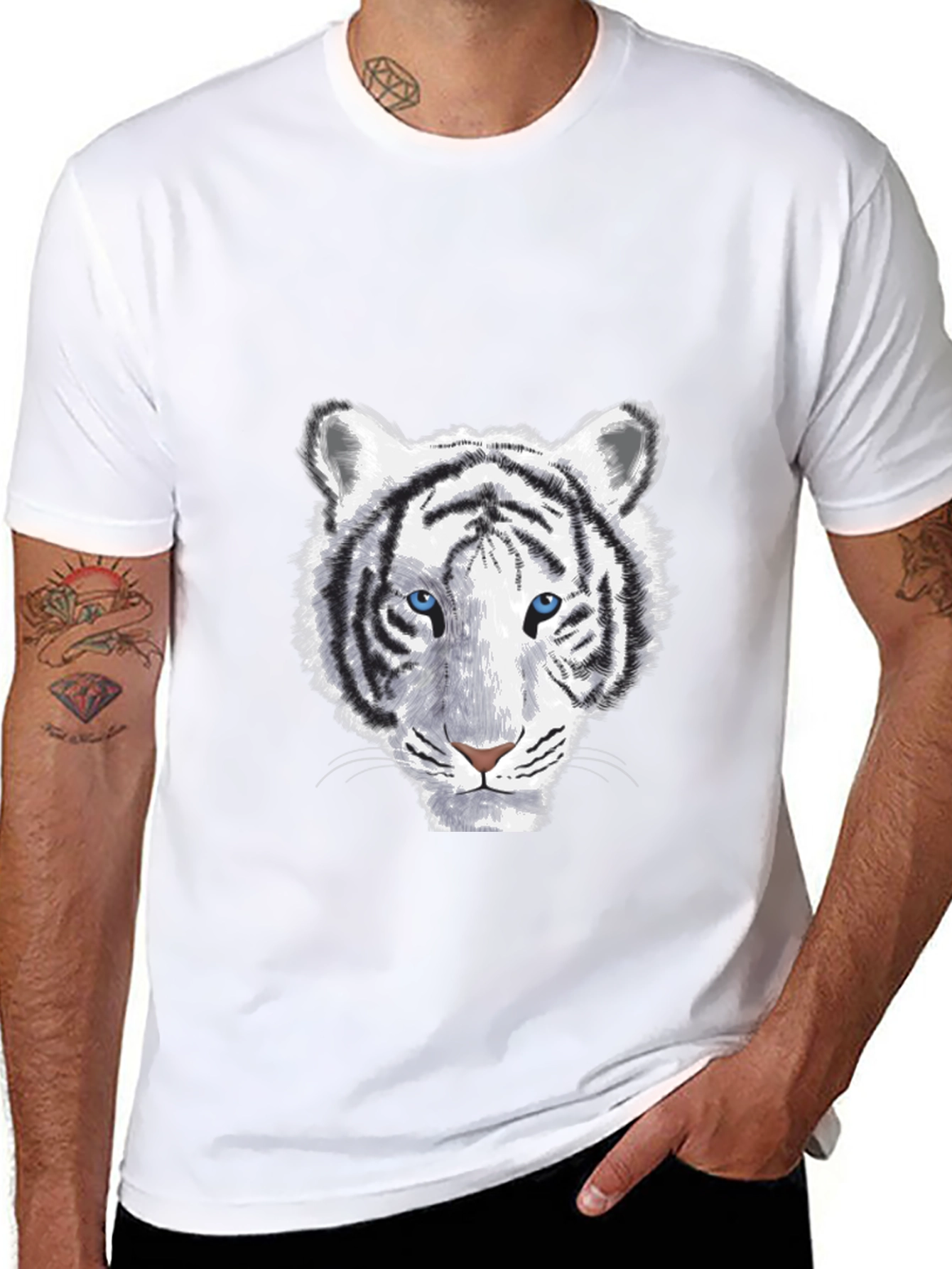 White Tiger Graphic Print Mens Black T-Shirt