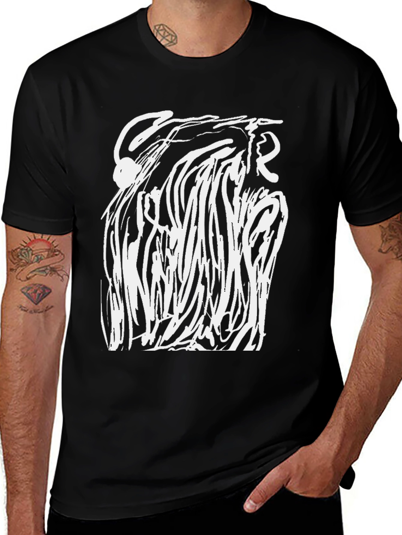Abstract White Design Black T-Shirt