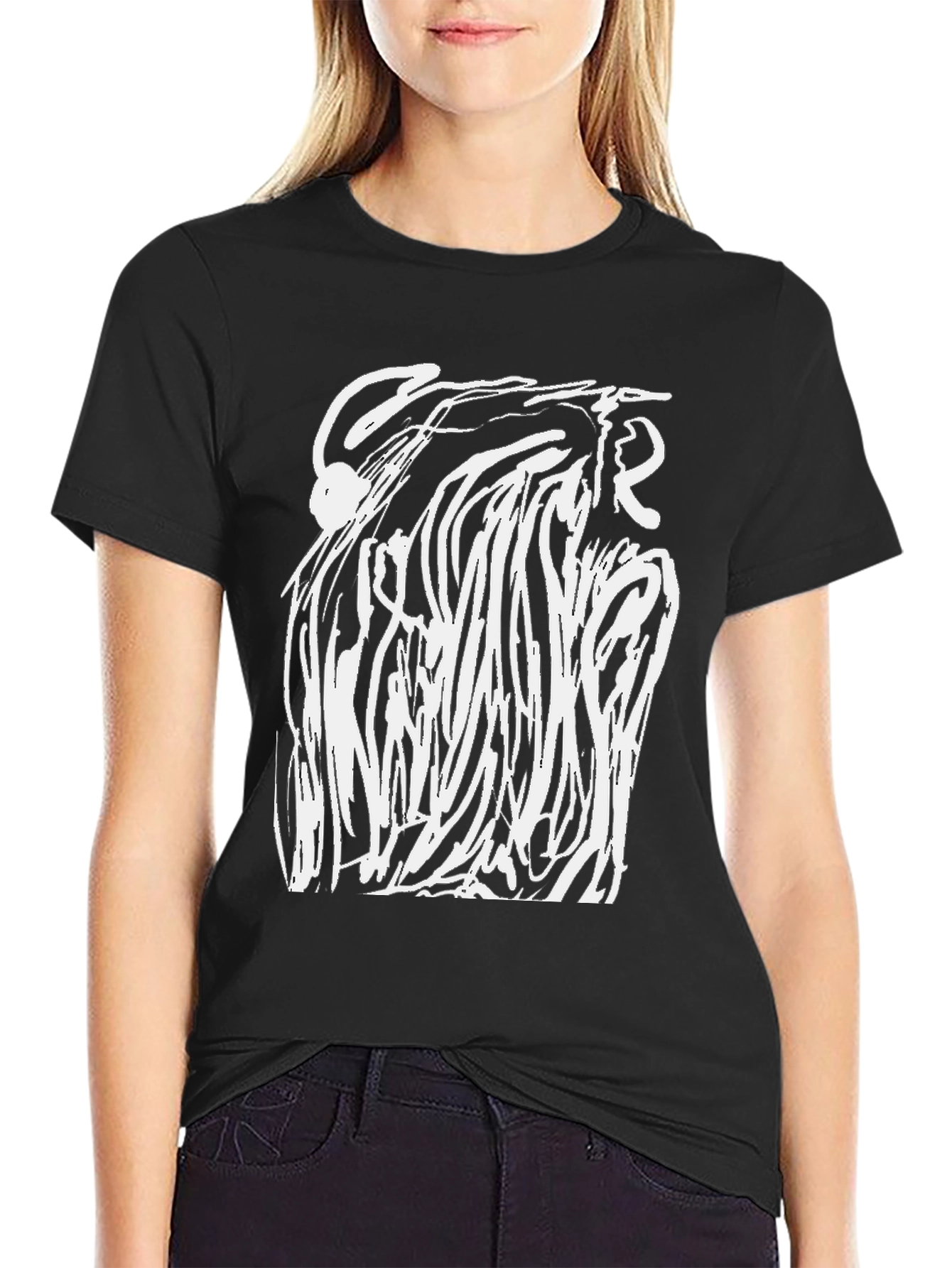 Abstract White Design Black T-Shirt