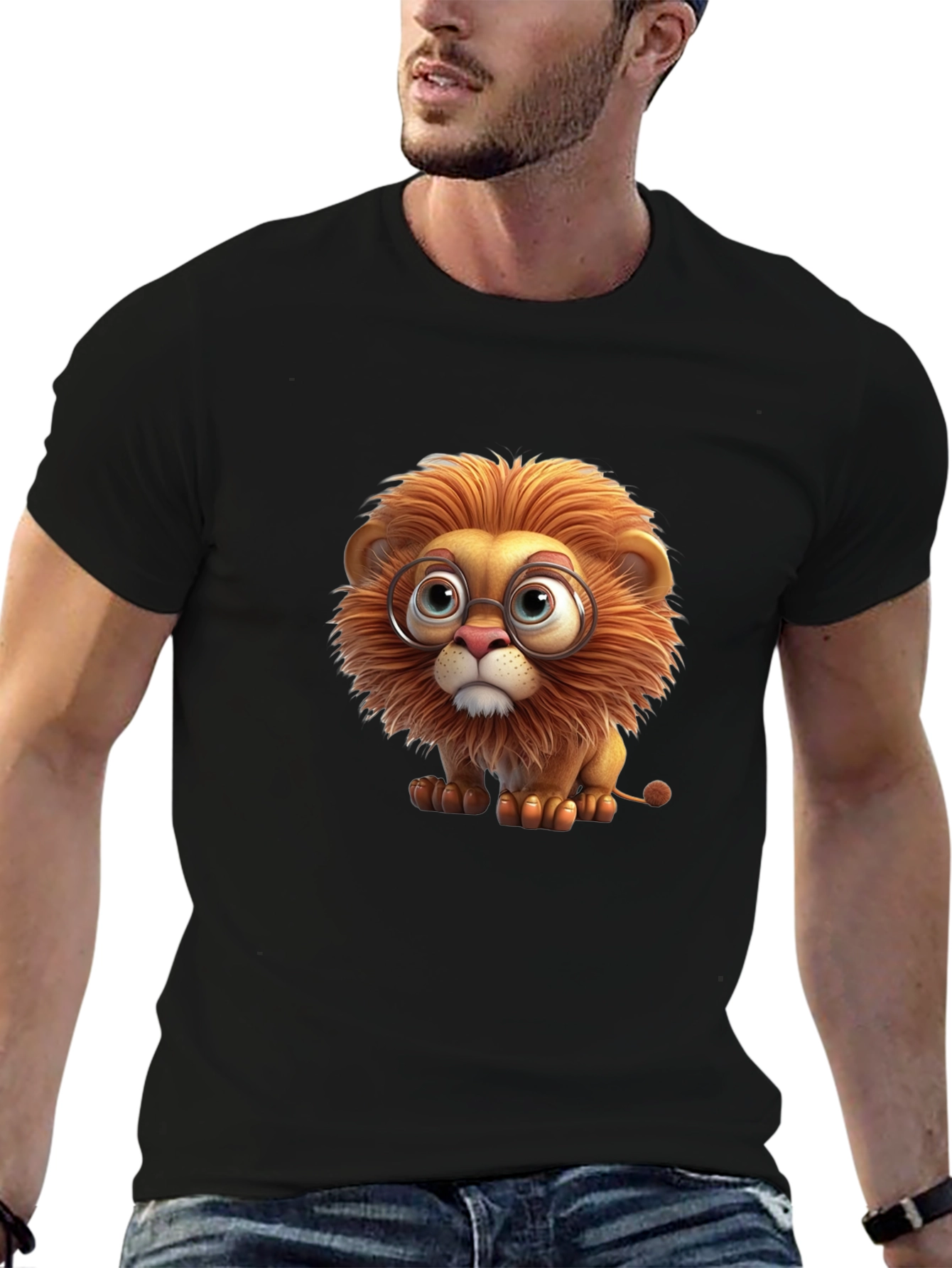 Lion with Glasses Black T-Shirt
