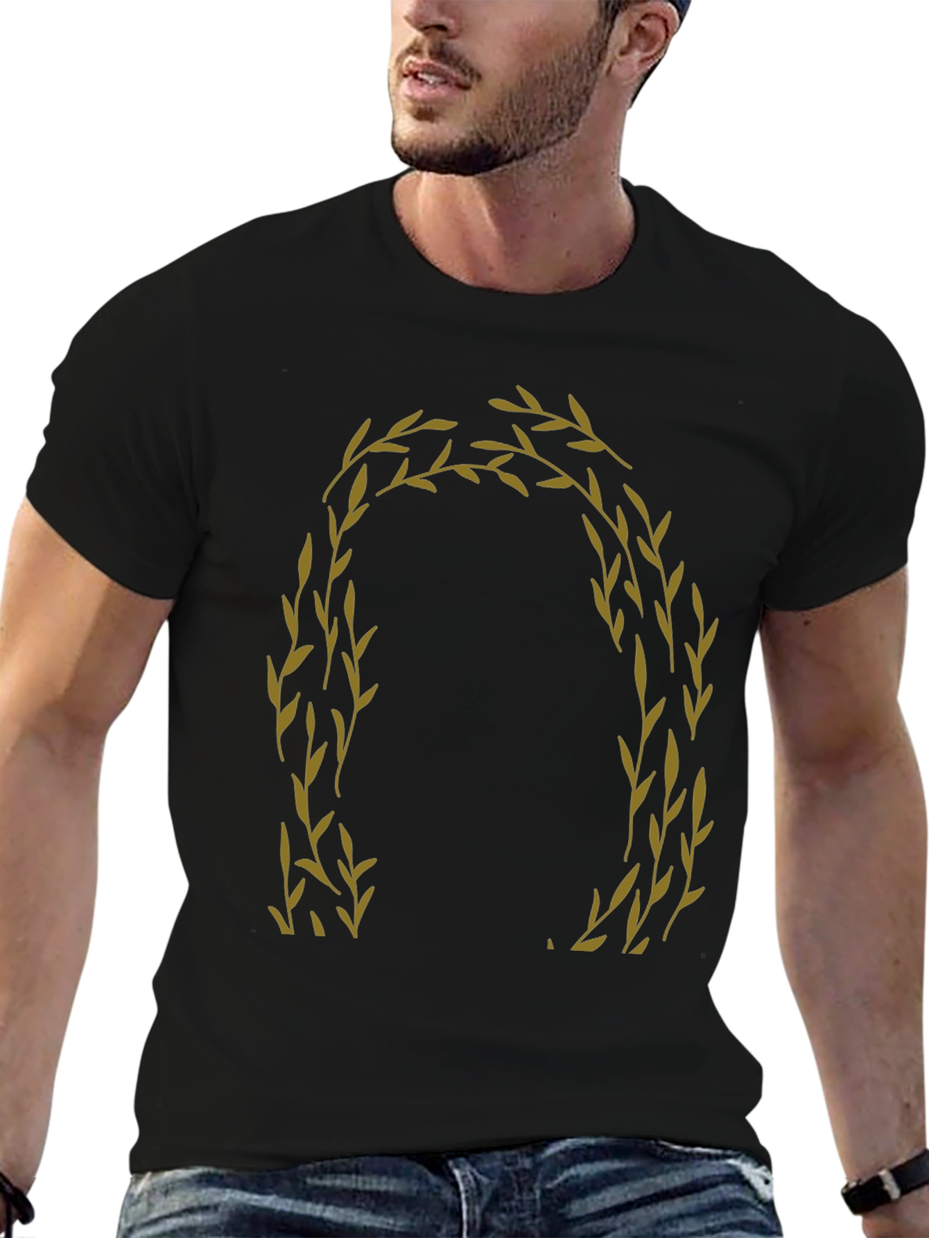 Olive Branch Wreath Graphic Tee - Black Cotton Casual