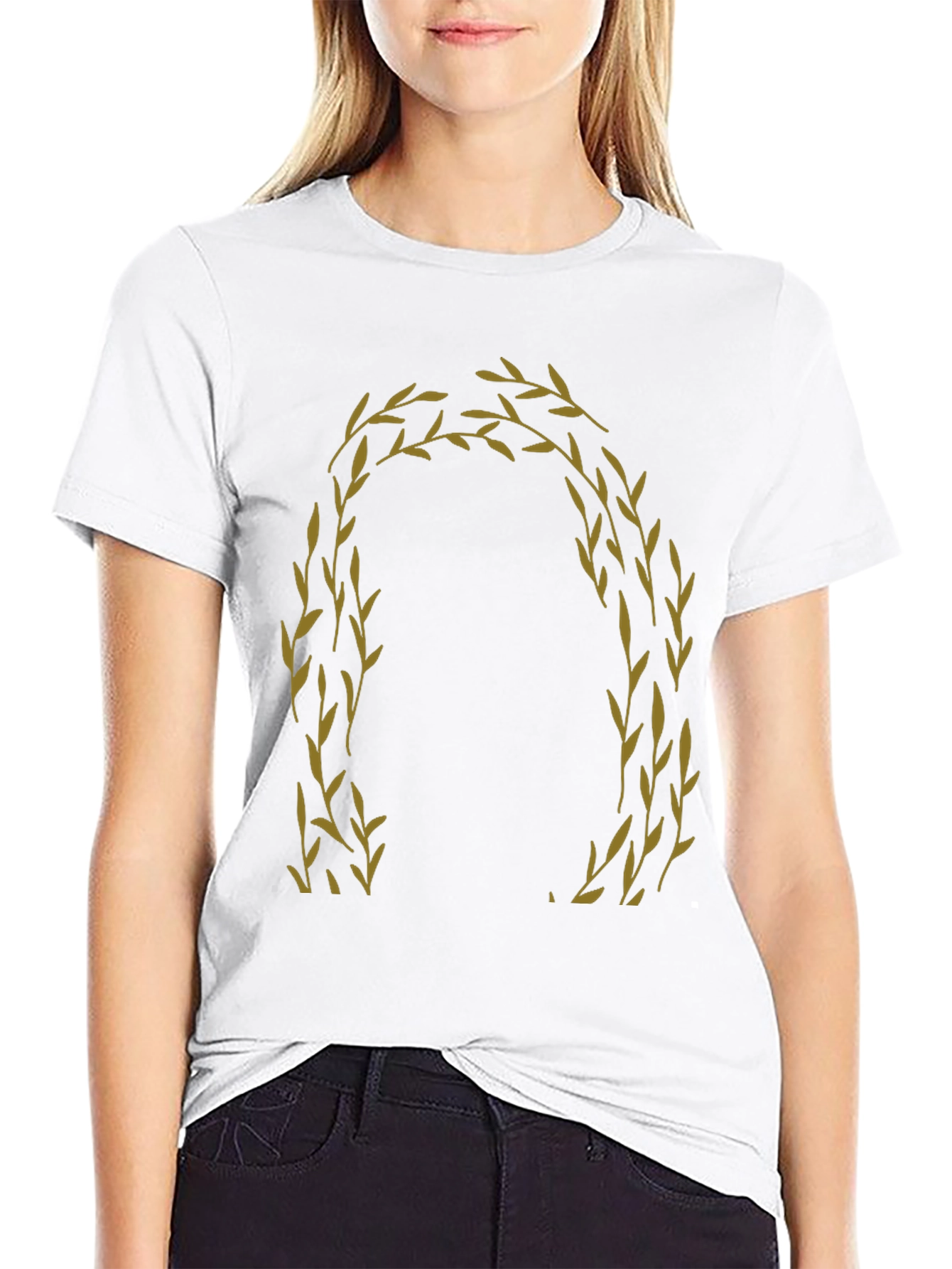 Olive Branch Wreath Graphic Tee - Black Cotton Casual