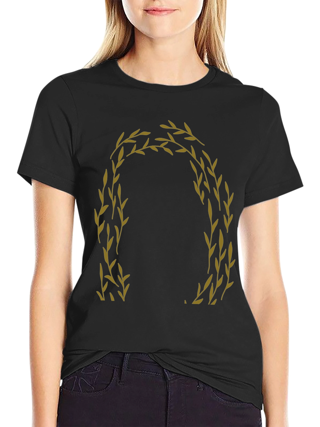 Olive Branch Wreath Graphic Tee - Black Cotton Casual