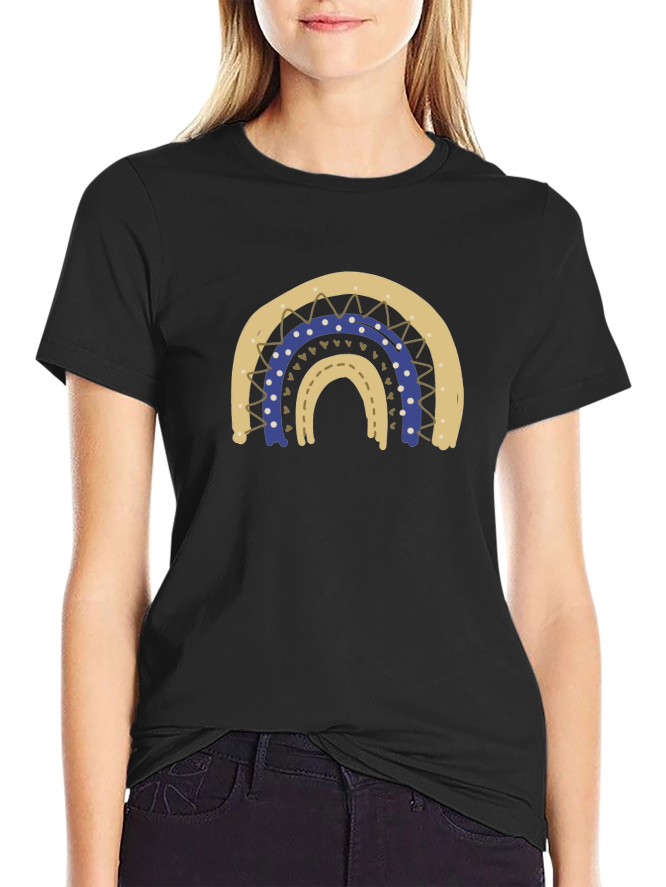 Stylish Black T-Shirt with Boho Rainbow Design
