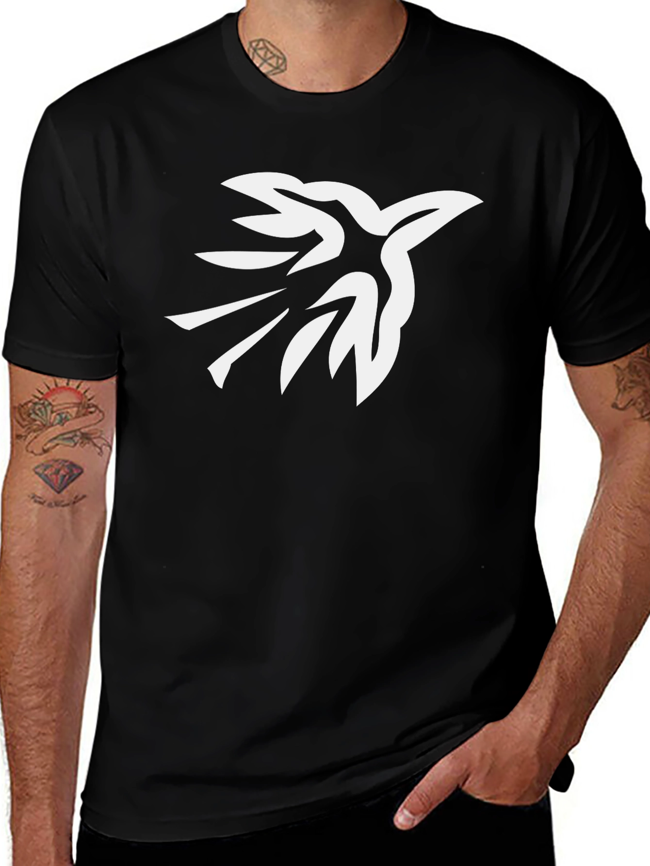 Black T-Shirt with White Bird Graphic