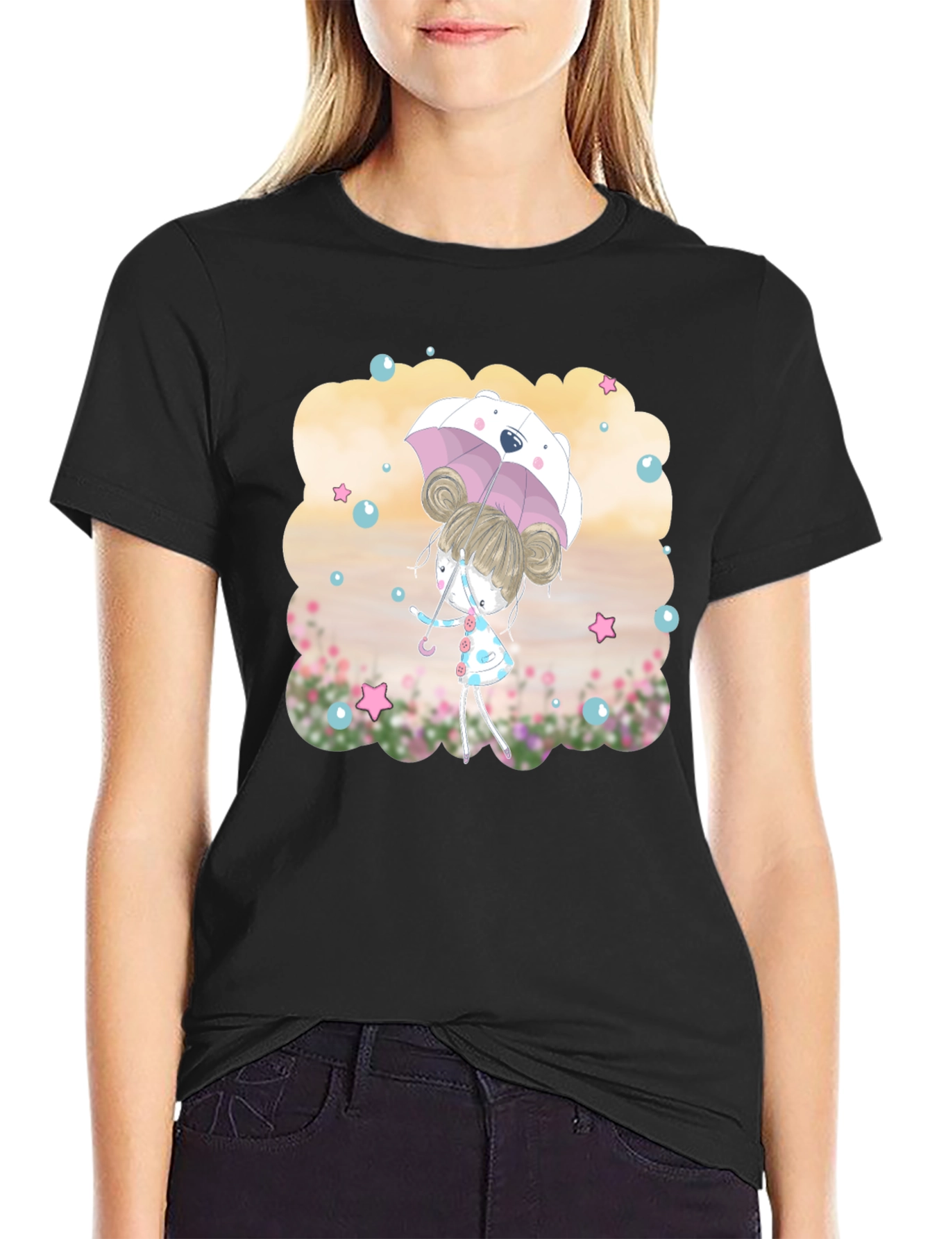 Cute Girl with Bear Umbrella T-Shirt