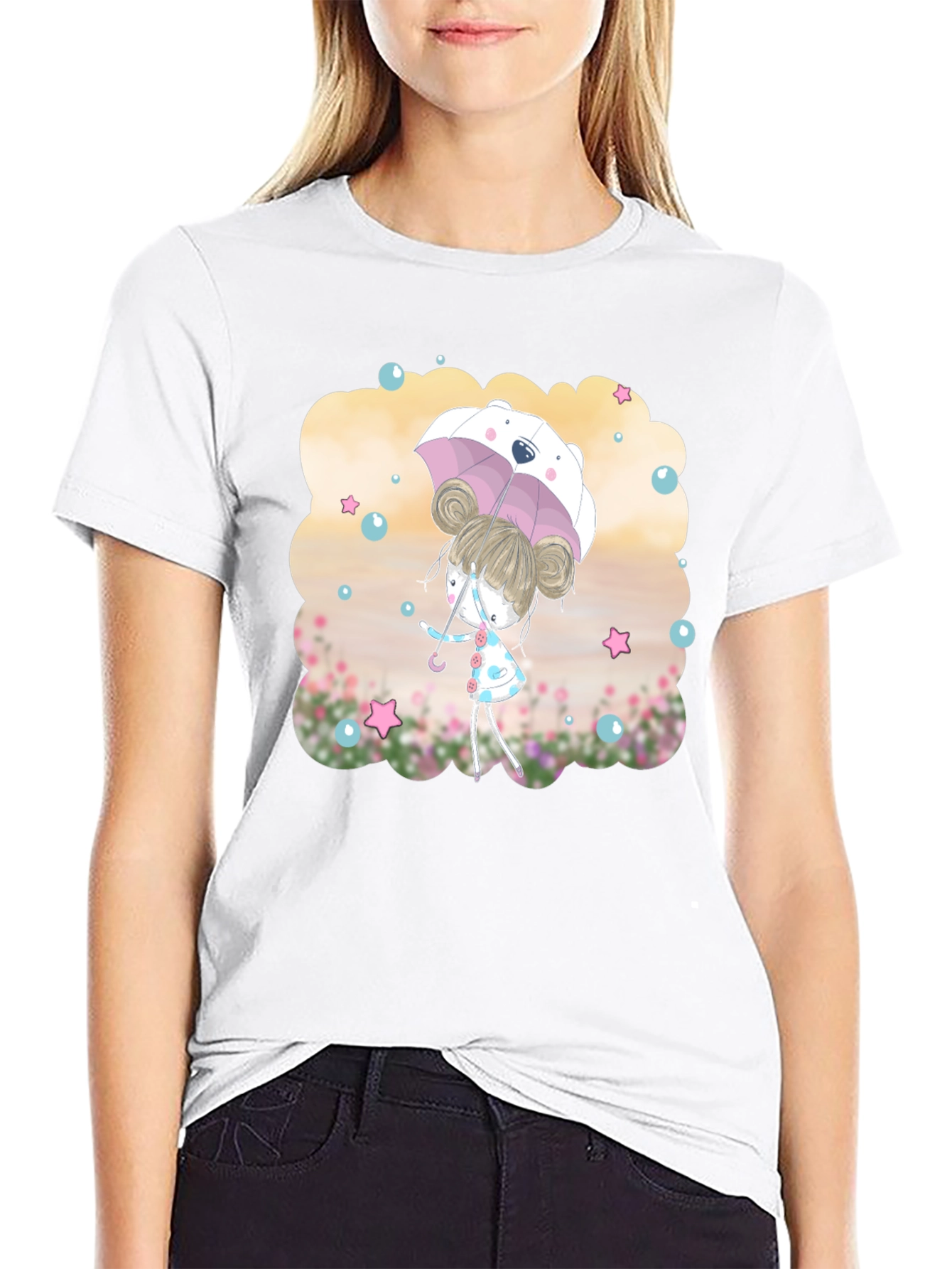 Cute Girl with Bear Umbrella T-Shirt