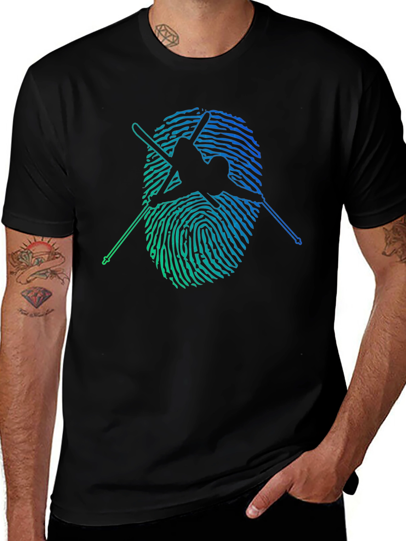 Skier Fingerprint Graphic Tee - Black Cotton T-Shirt