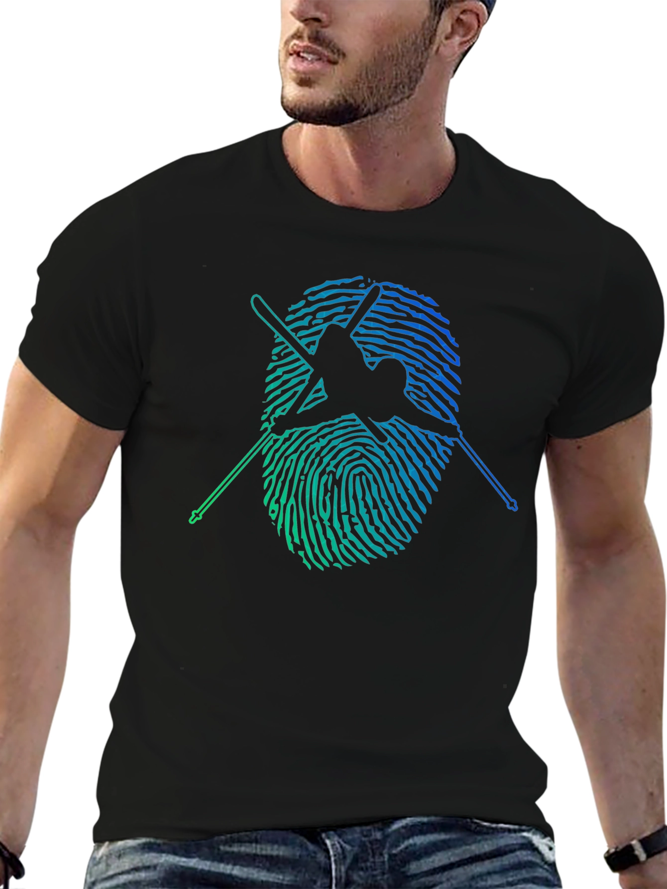 Skier Fingerprint Graphic Tee - Black Cotton T-Shirt