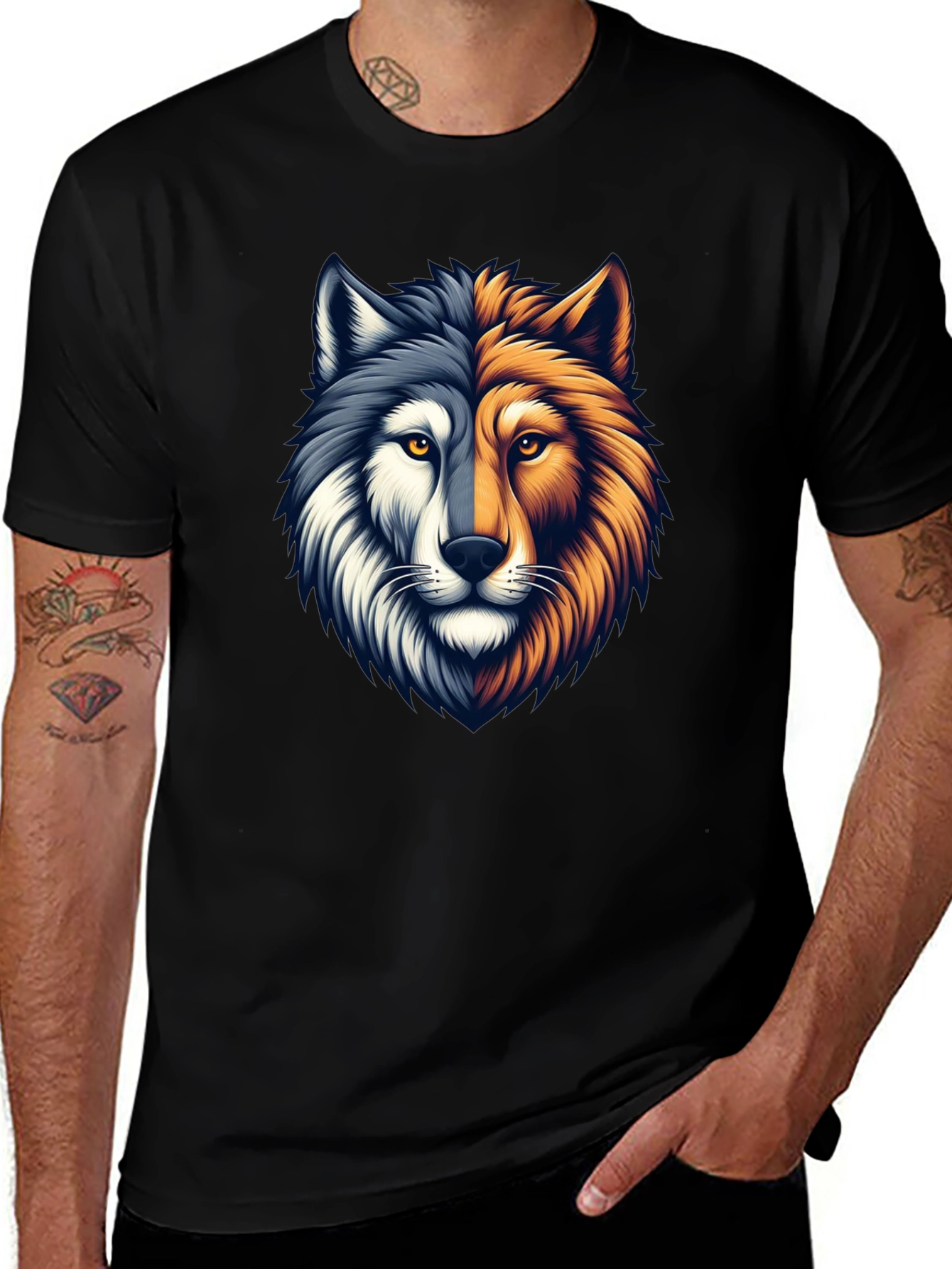 Two-Faced Wolf Graphic T-Shirt - Black