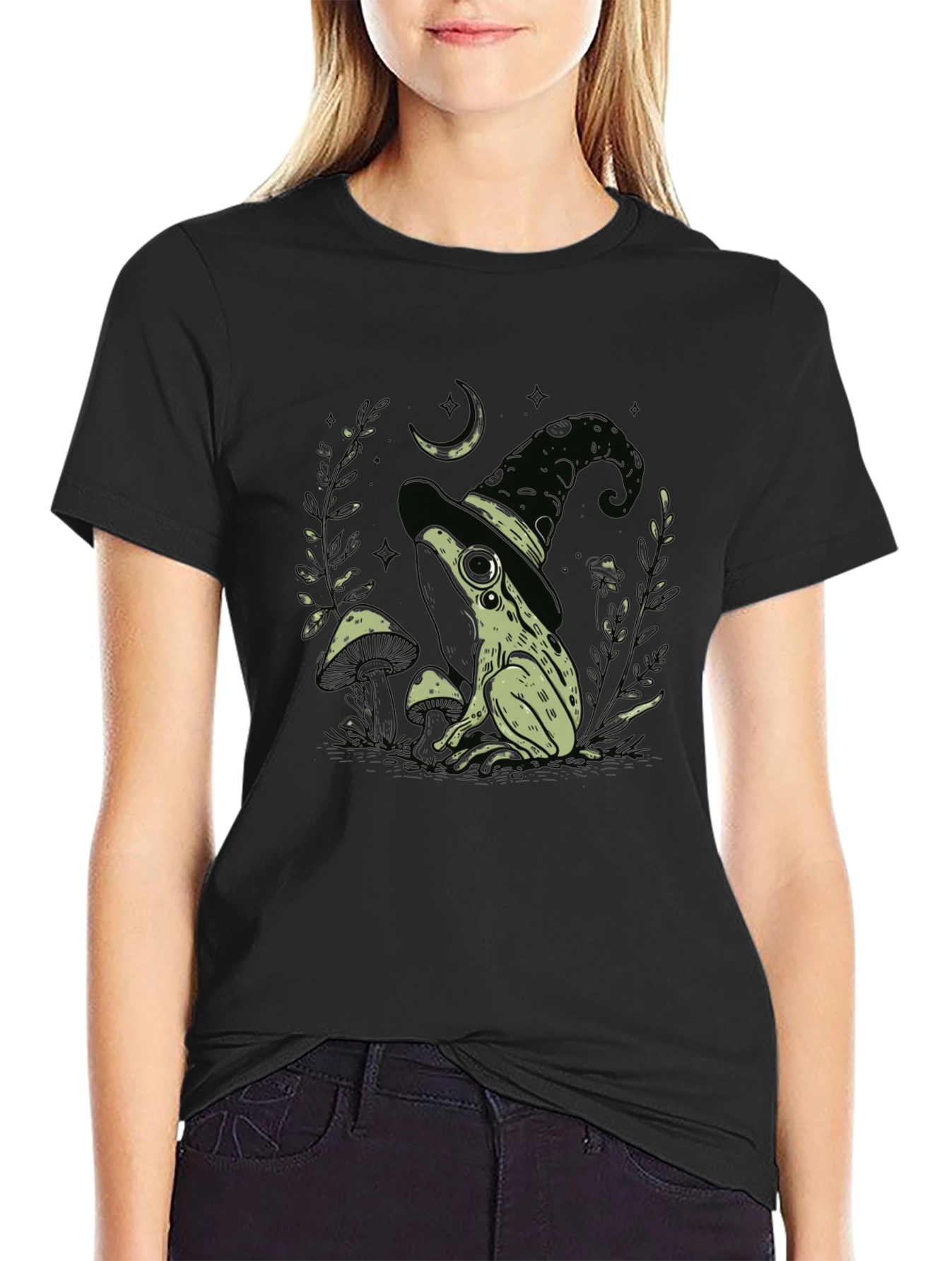 Witch Frog Graphic Tee - Black Cotton Blend T-Shirt