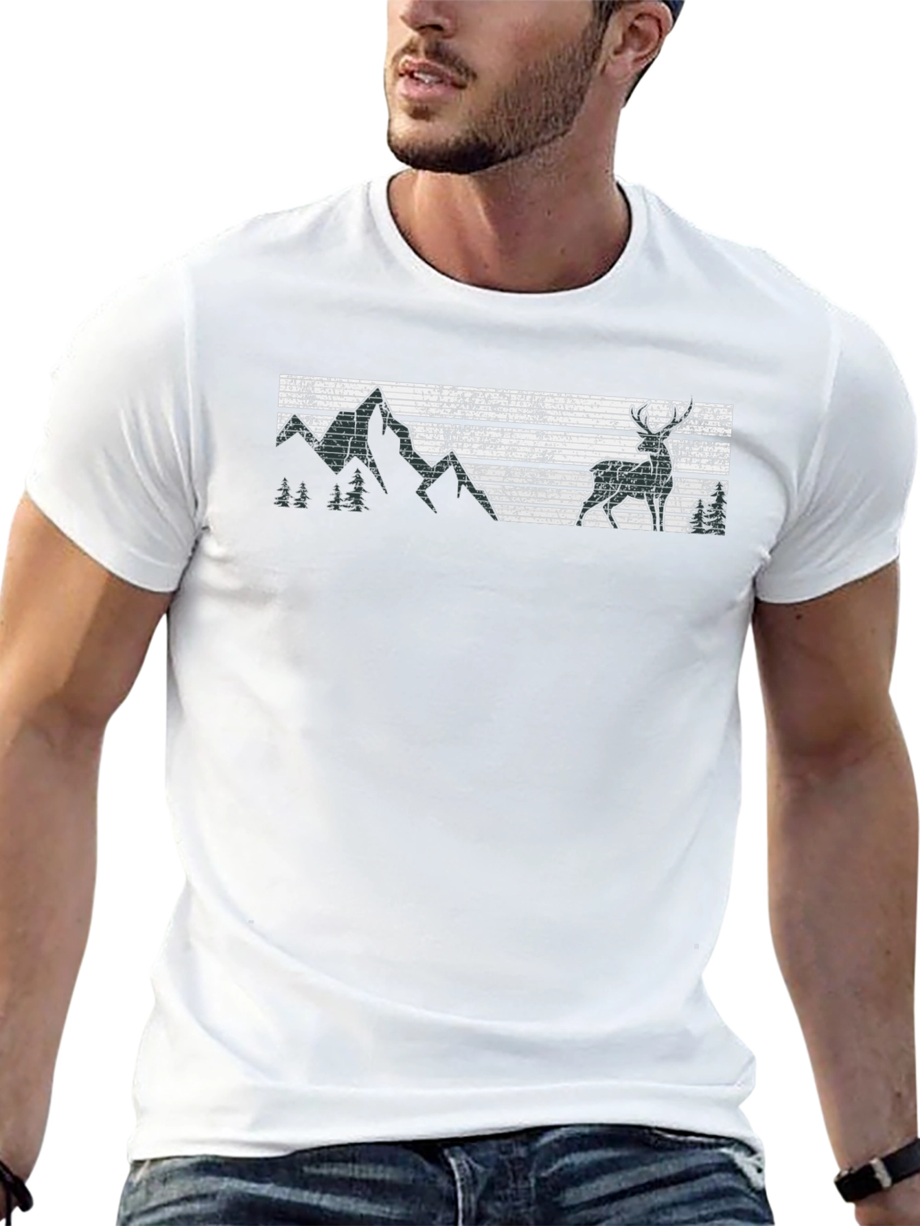 Retro Deer & Mountain Graphic Black T-Shirt