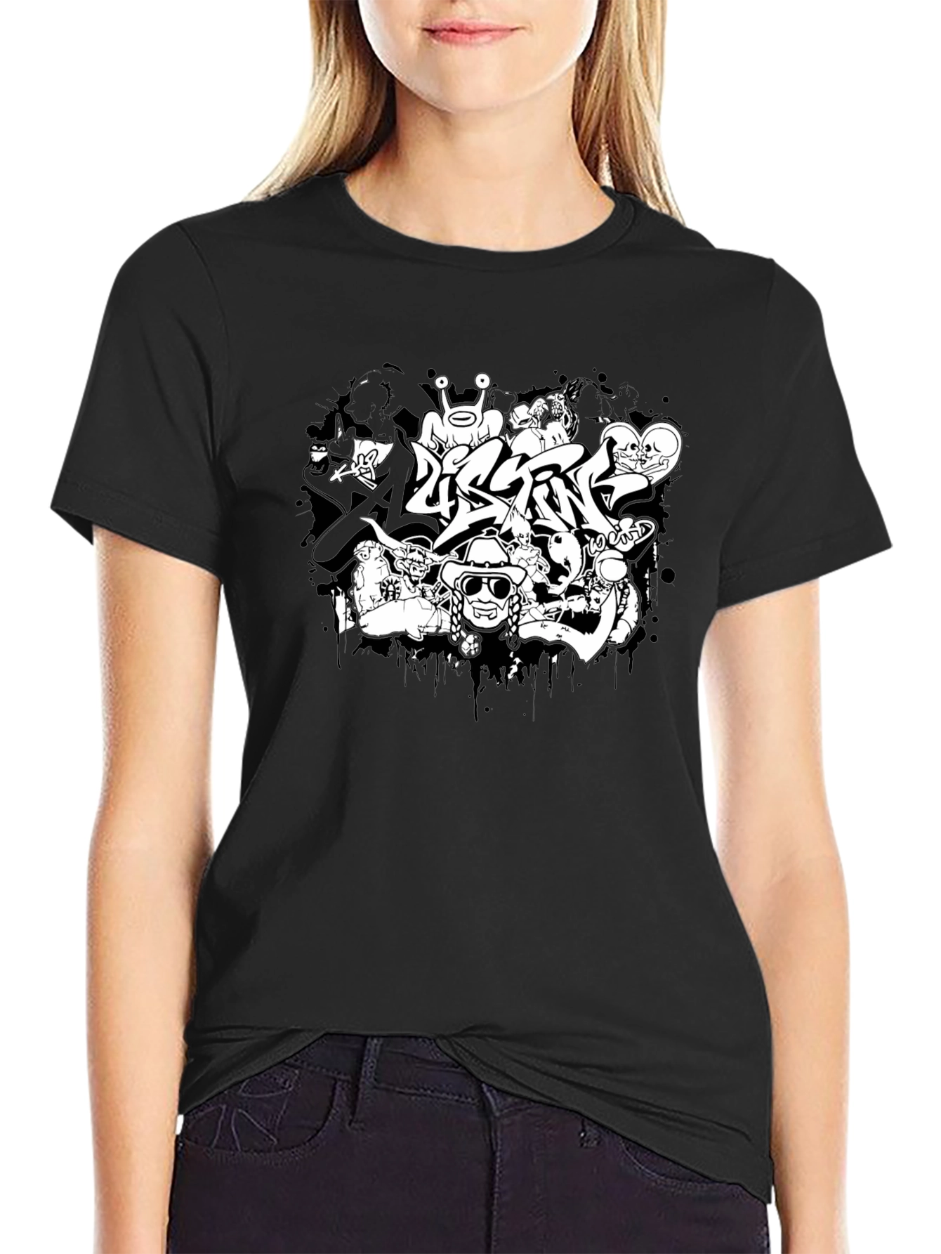 Black Graphic Print Tee - Unique Graffiti Design