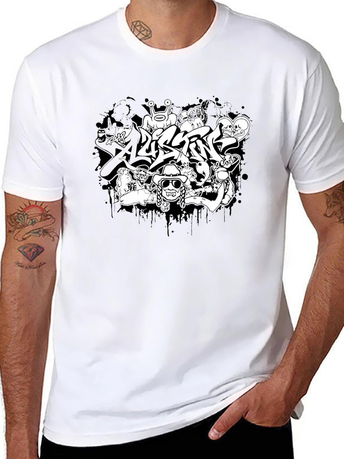 Black Graphic Print Tee - Unique Graffiti Design