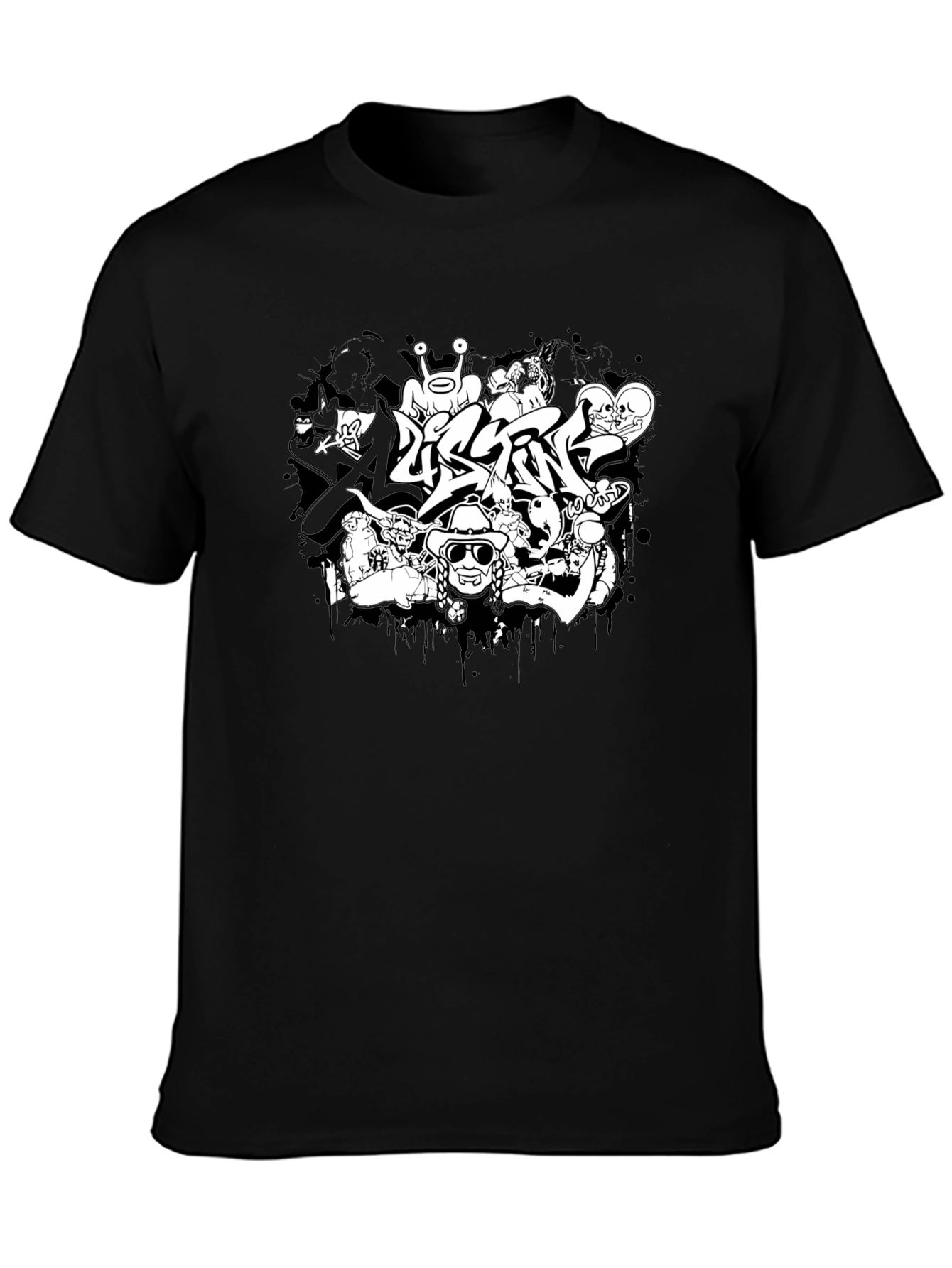 Black Graphic Print Tee - Unique Graffiti Design