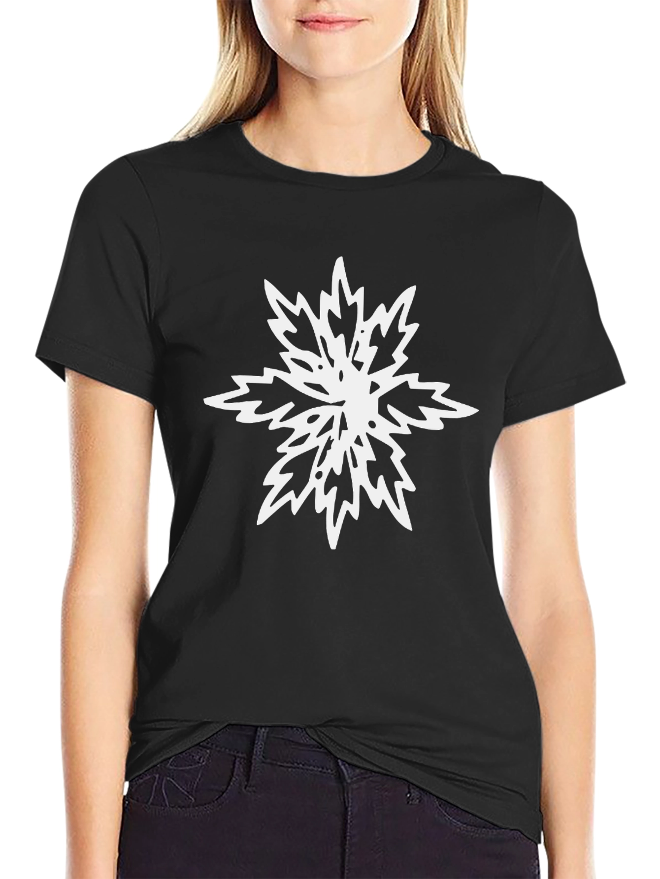 Black Tee with White Abstract Snowflake Design