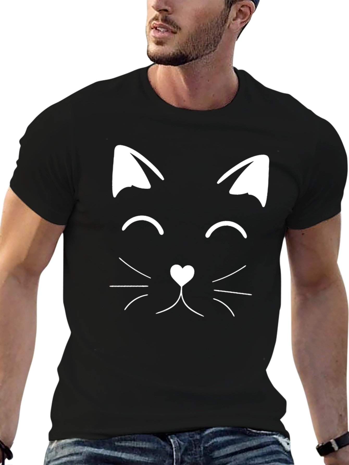Cute Cat Face Graphic Tee - Black Cotton T-Shirt