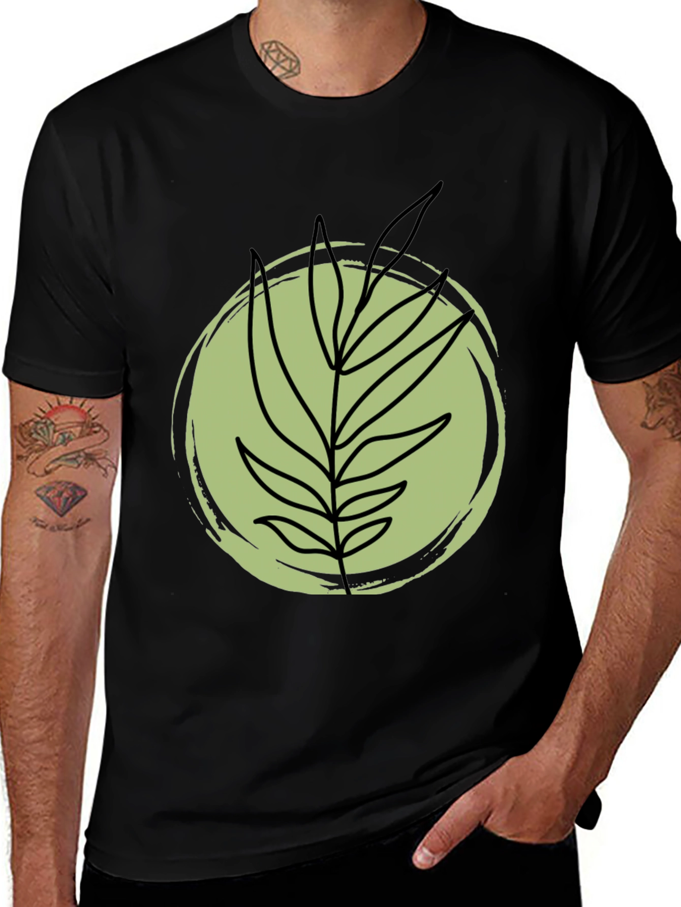 Stylish Black Tee with Abstract Leaf Design