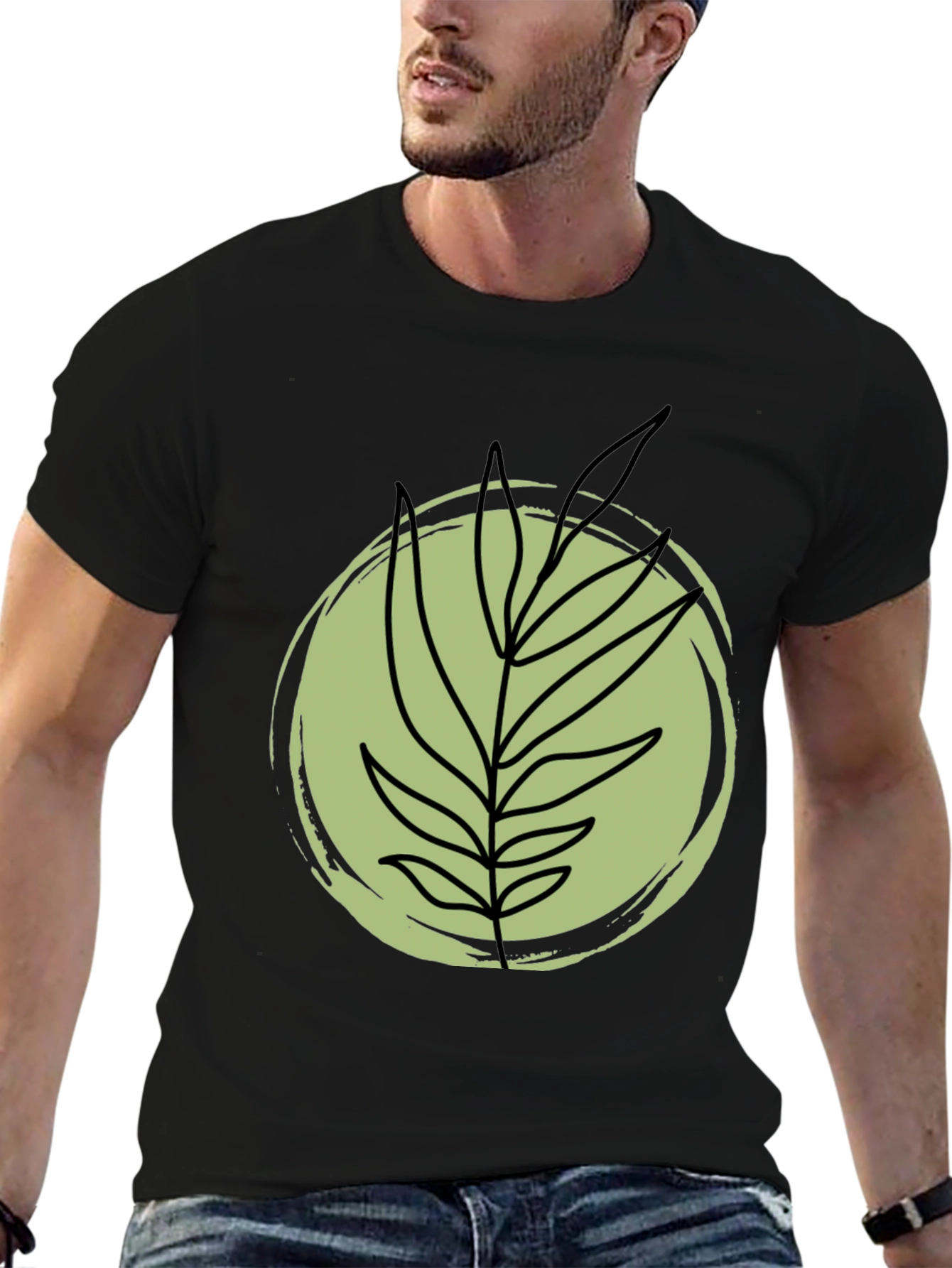 Stylish Black Tee with Abstract Leaf Design