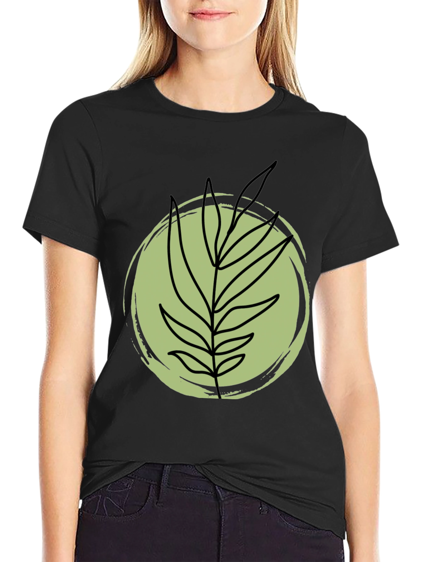Stylish Black Tee with Abstract Leaf Design