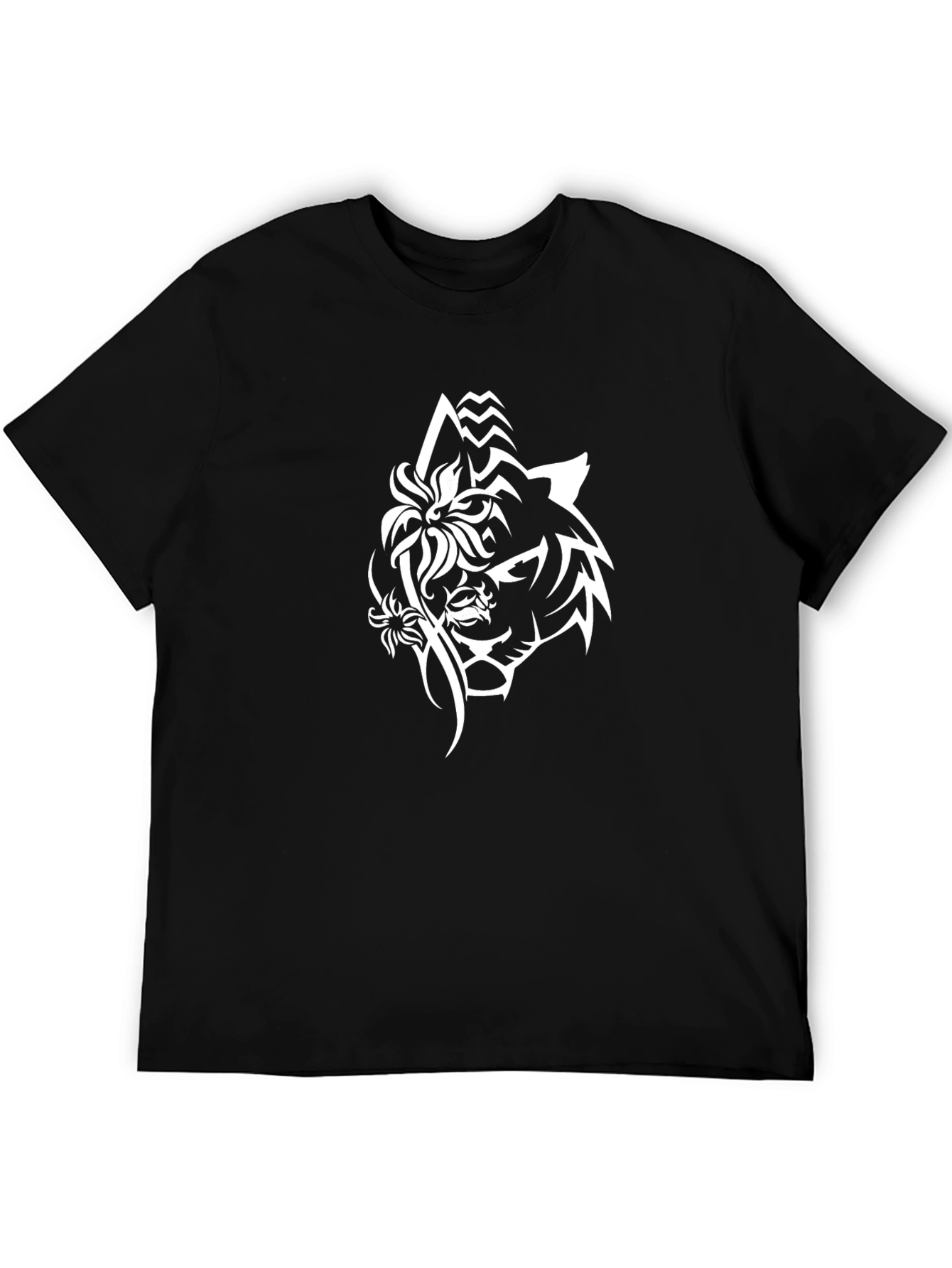 Black Tee with Wolf & Floral Graphic Print