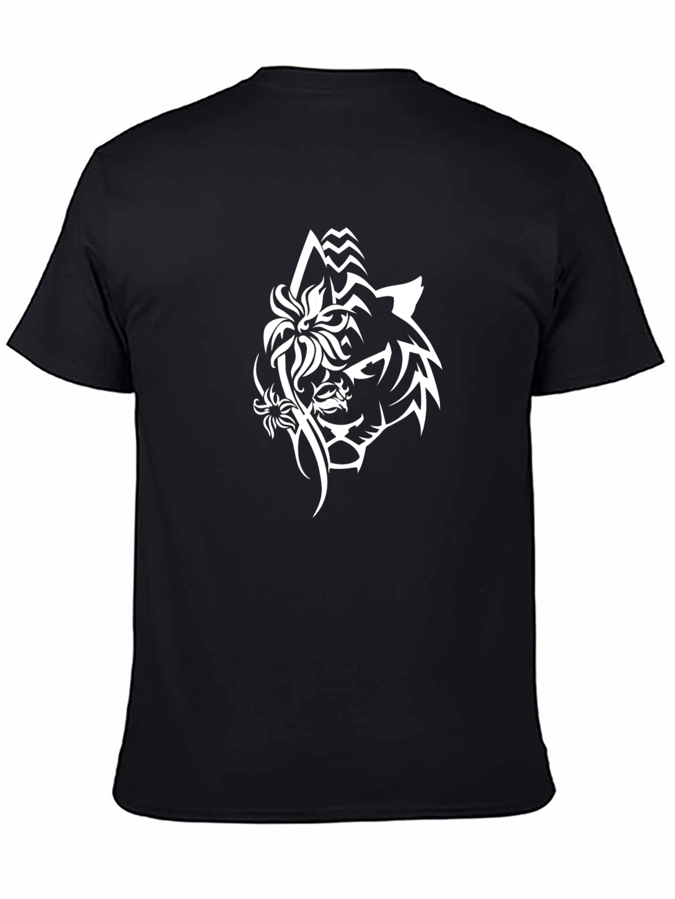 Black Tee with Wolf & Floral Graphic Print