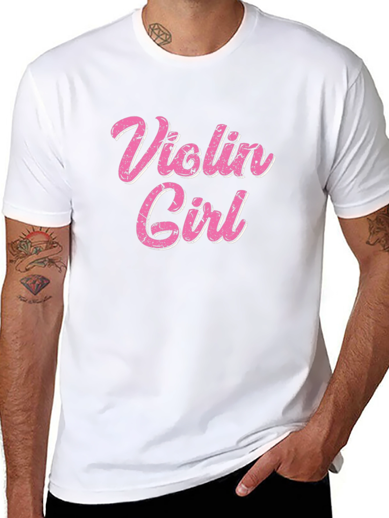 Violin Girl Pink Text Black T-Shirt