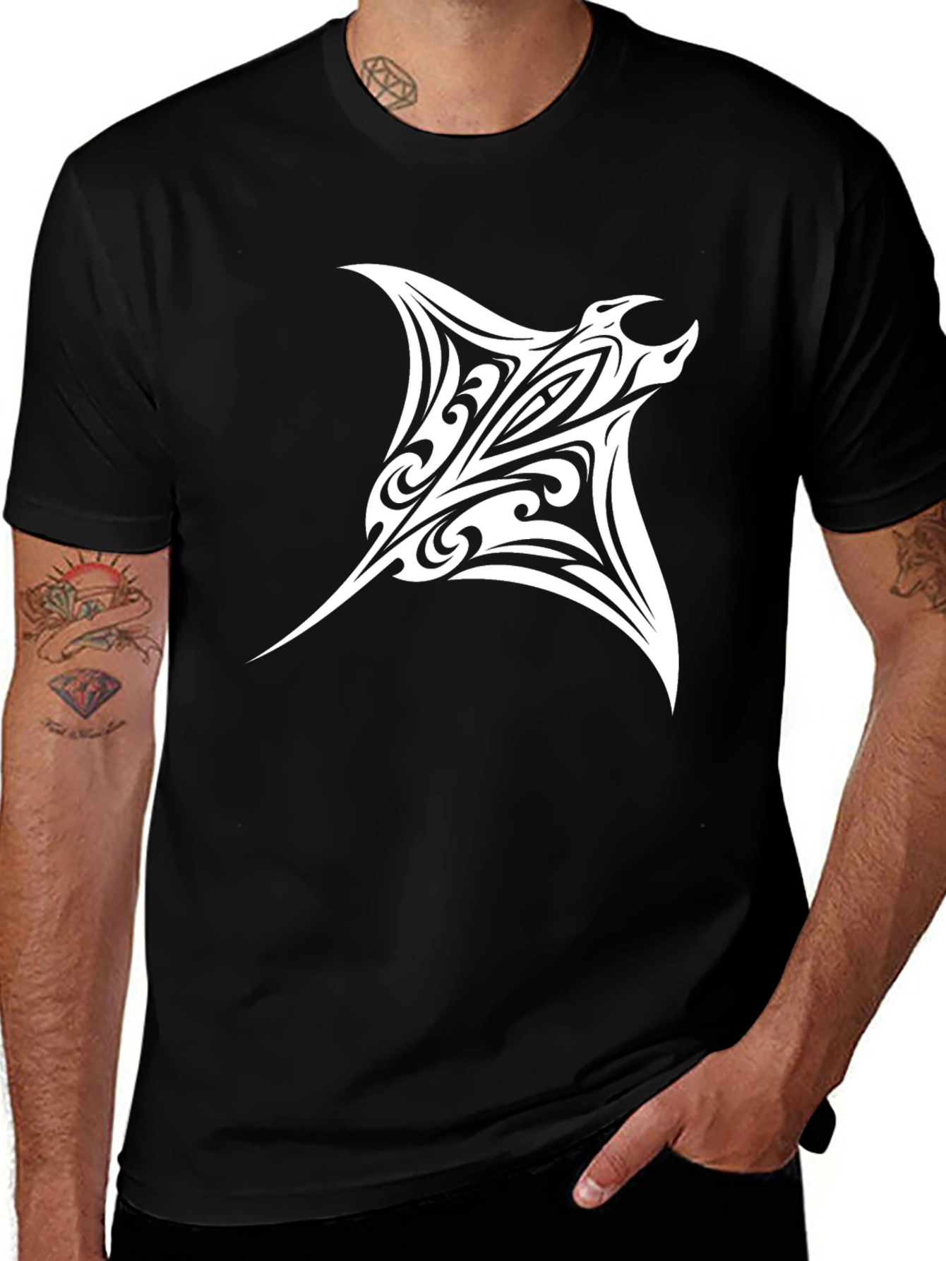 Tribal Manta Ray Graphic Tee - Black