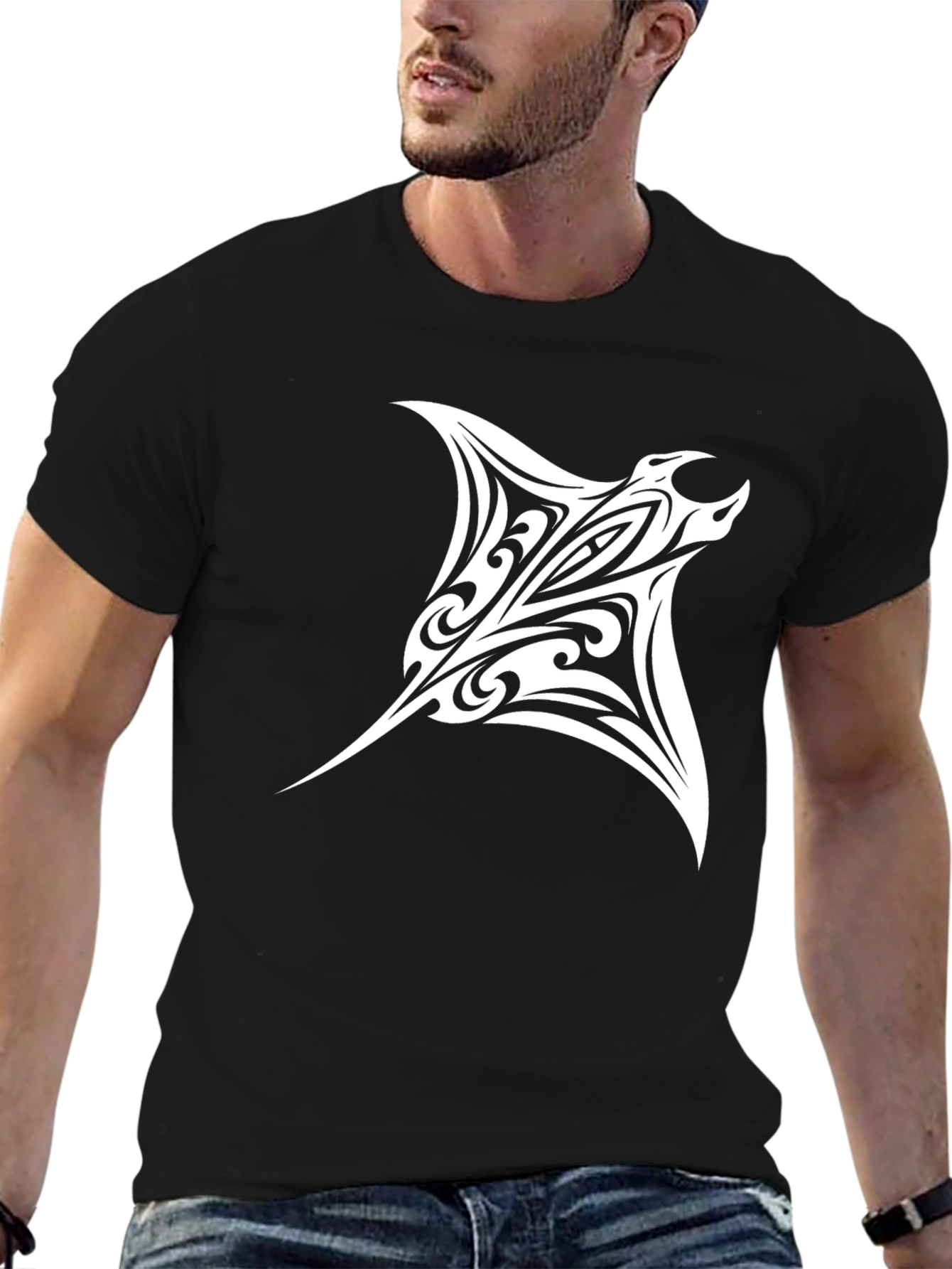 Tribal Manta Ray Graphic Tee - Black