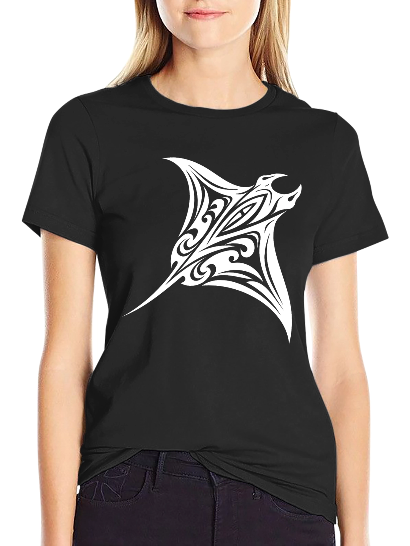 Tribal Manta Ray Graphic Tee - Black