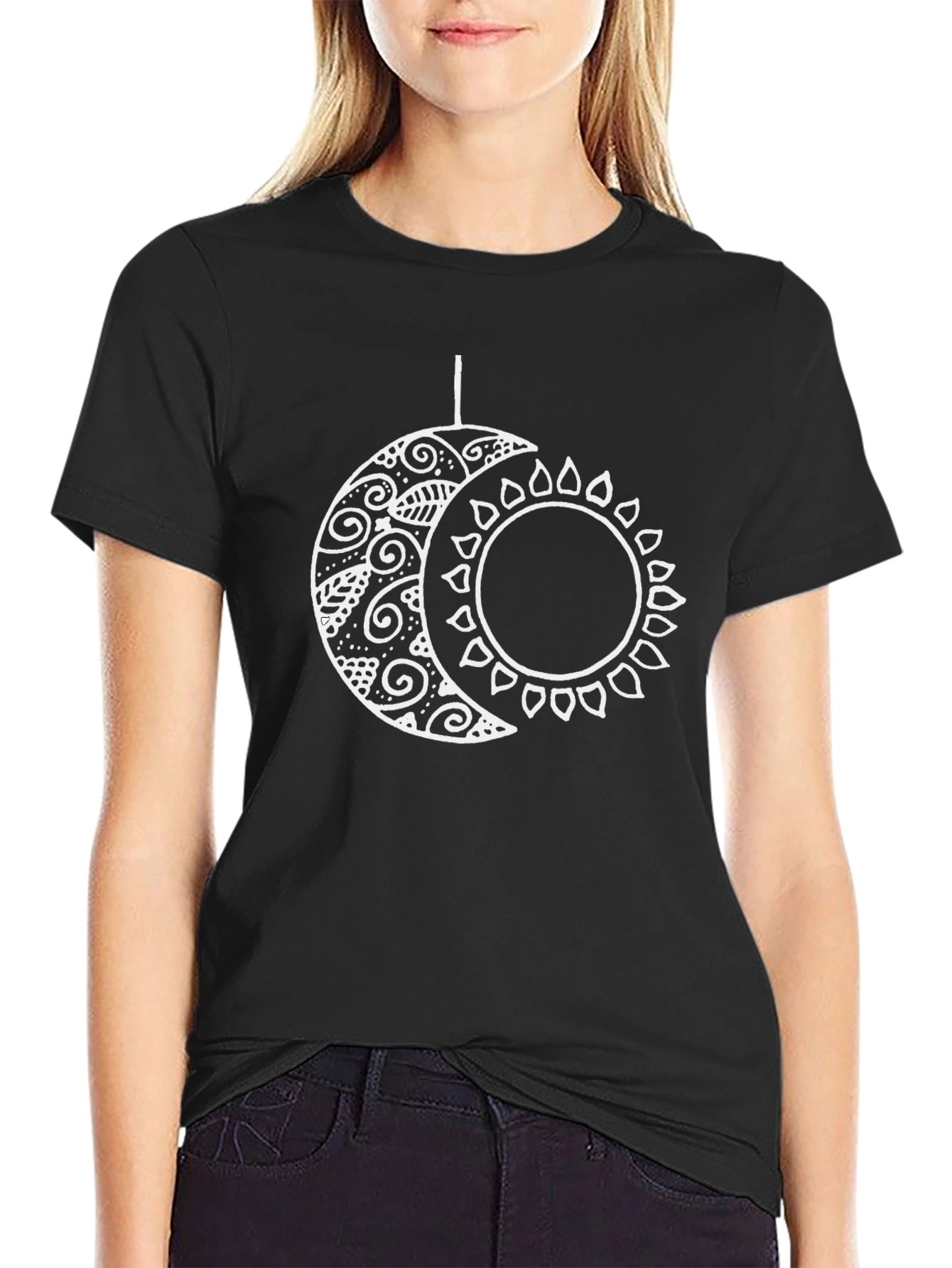 Celestial Sun and Moon Graphic T-Shirt - Black