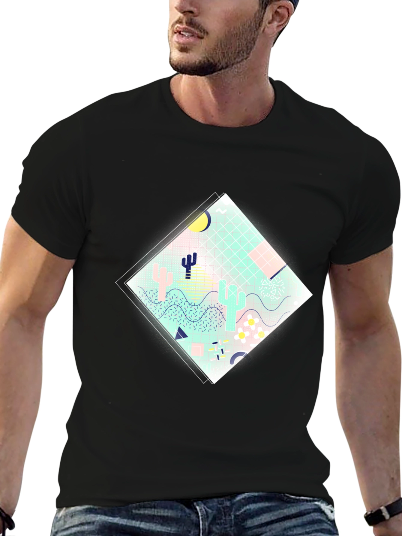 Retro Desert Graphic Tee - Black Cotton T-Shirt