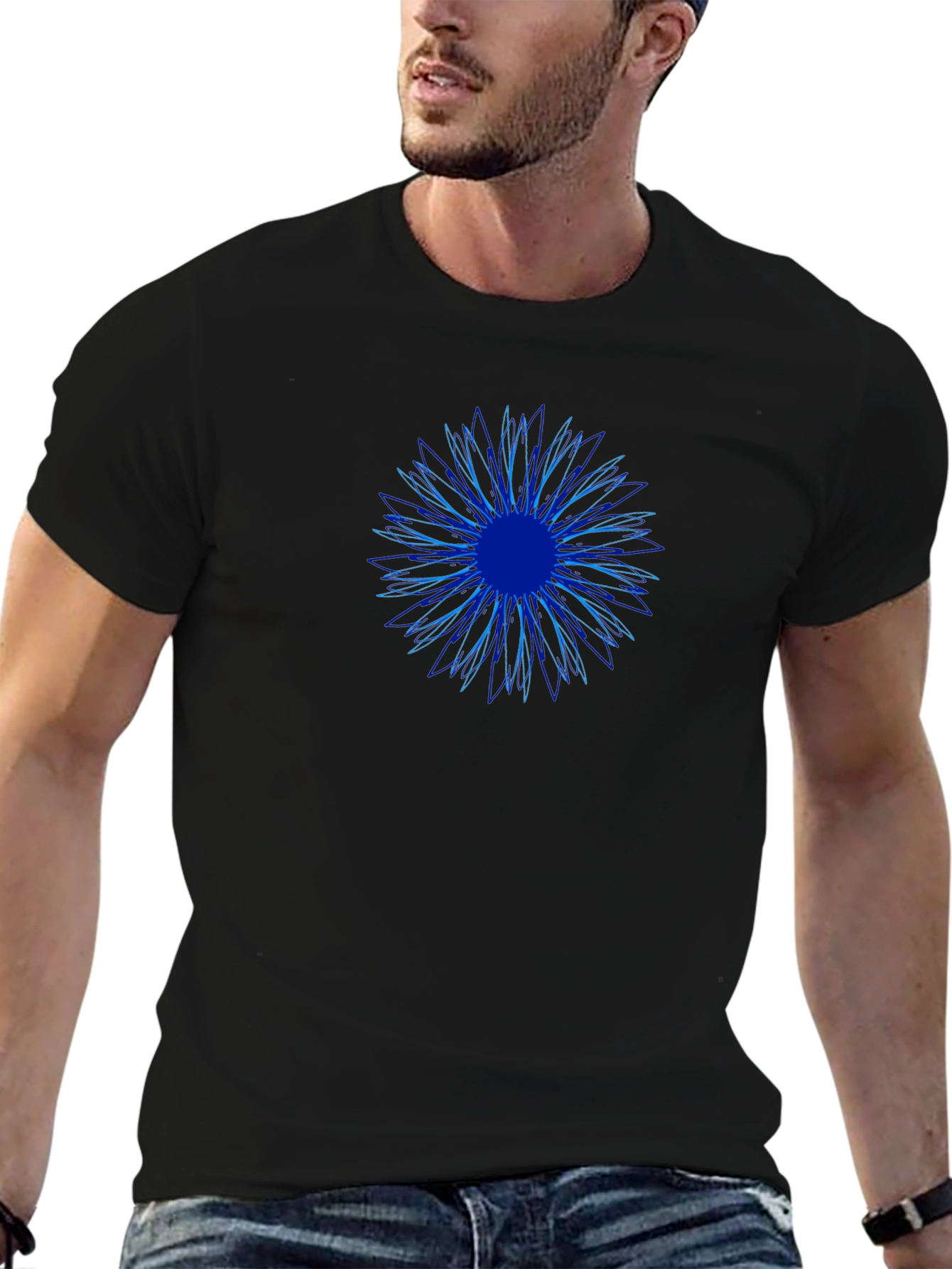 Abstract Blue Flower Graphic Print Black T-Shirt