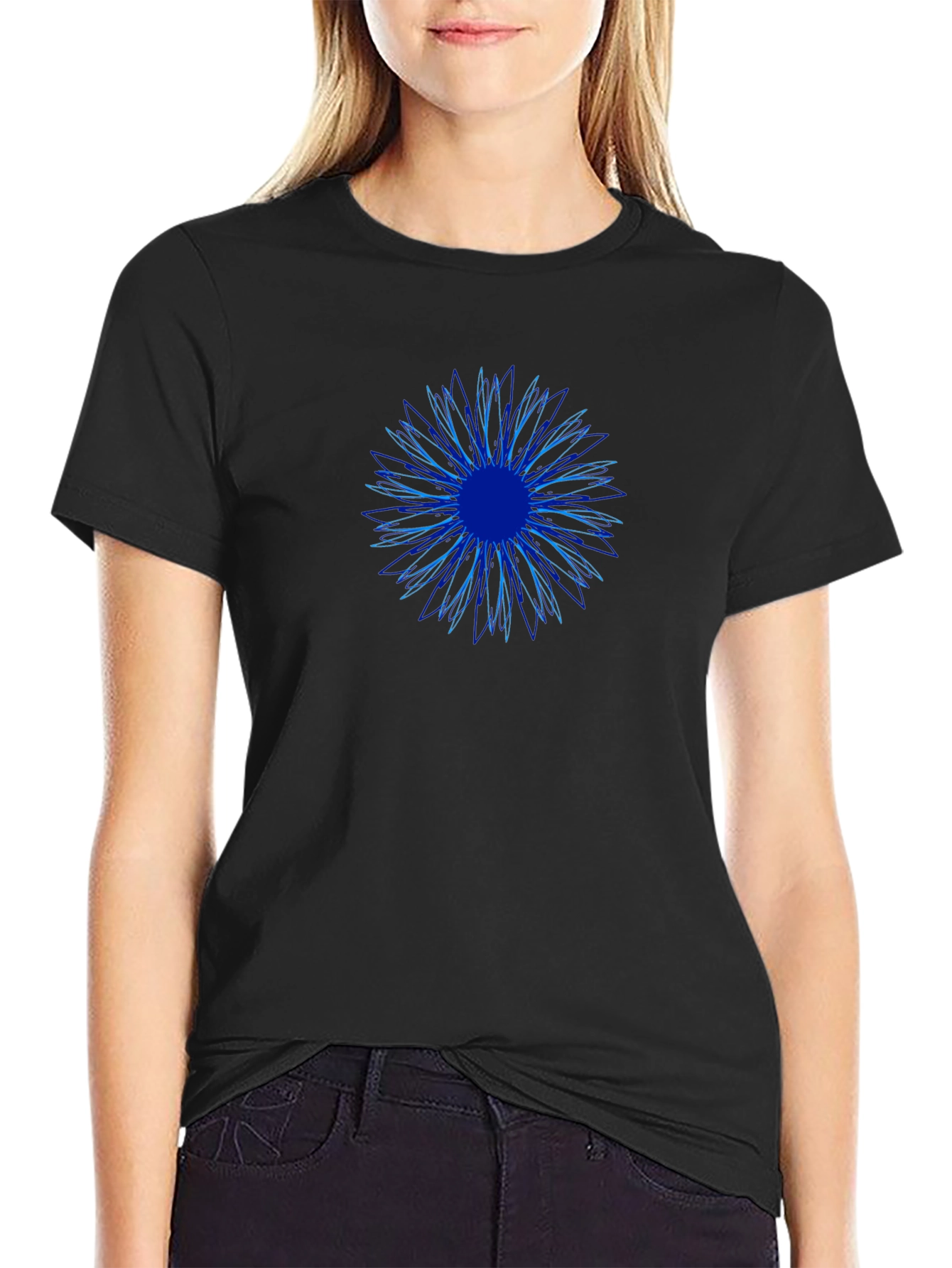 Abstract Blue Flower Graphic Print Black T-Shirt
