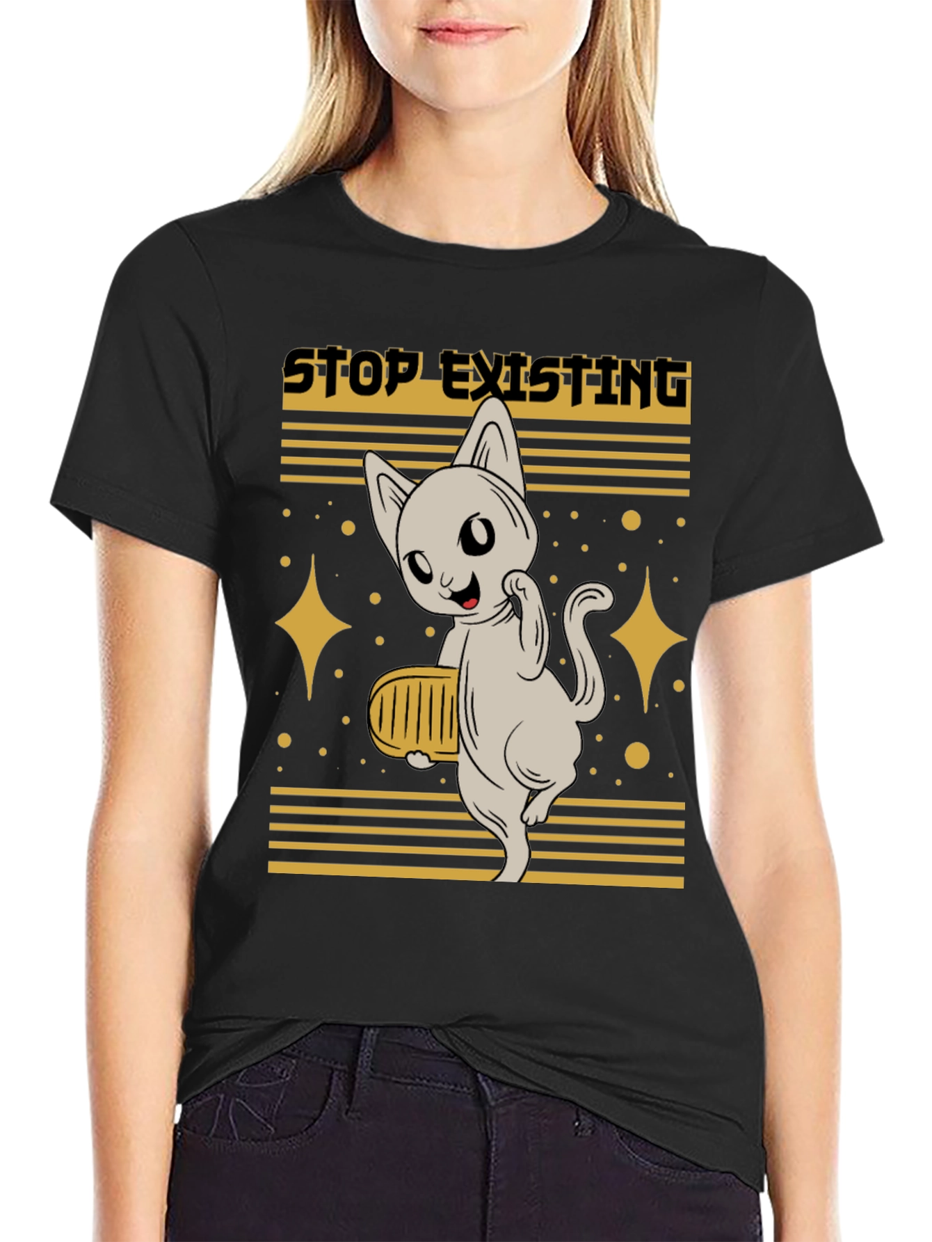 Stop Existing Cat Graphic Tee - Mens Black T-Shirt