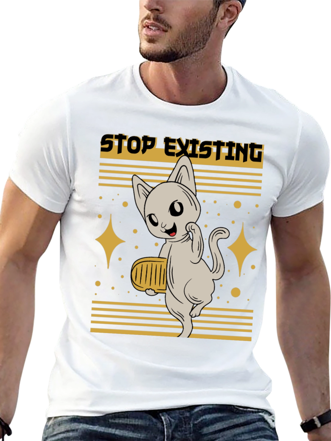 Stop Existing Cat Graphic Tee - Mens Black T-Shirt