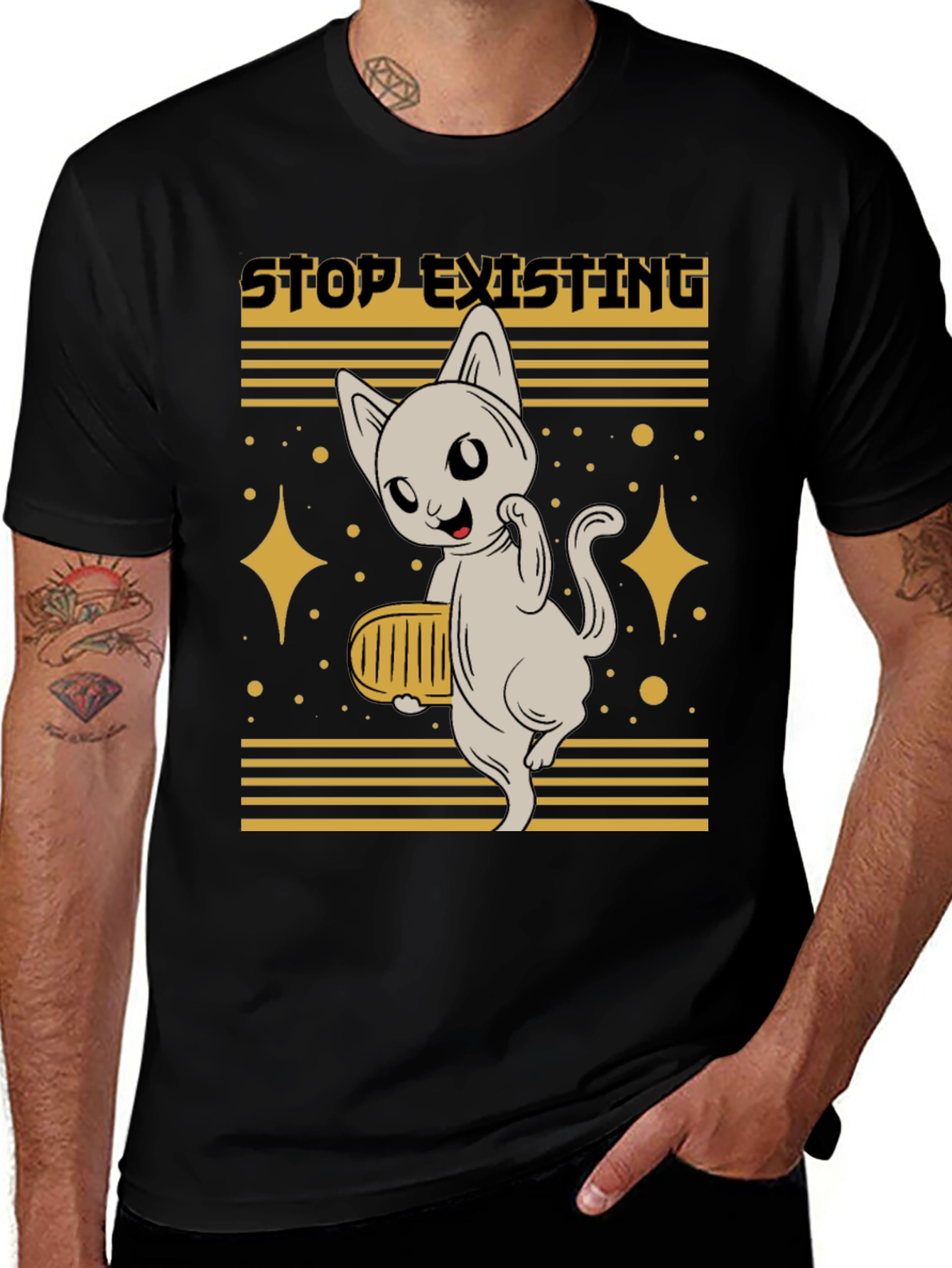Stop Existing Cat Graphic Tee - Mens Black T-Shirt
