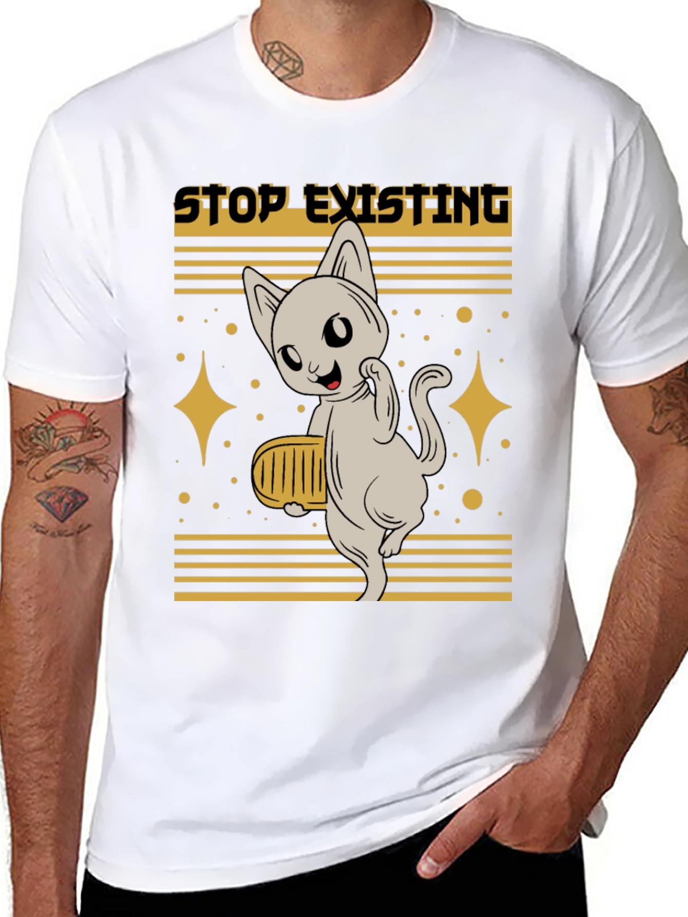 Stop Existing Cat Graphic Tee - Mens Black T-Shirt