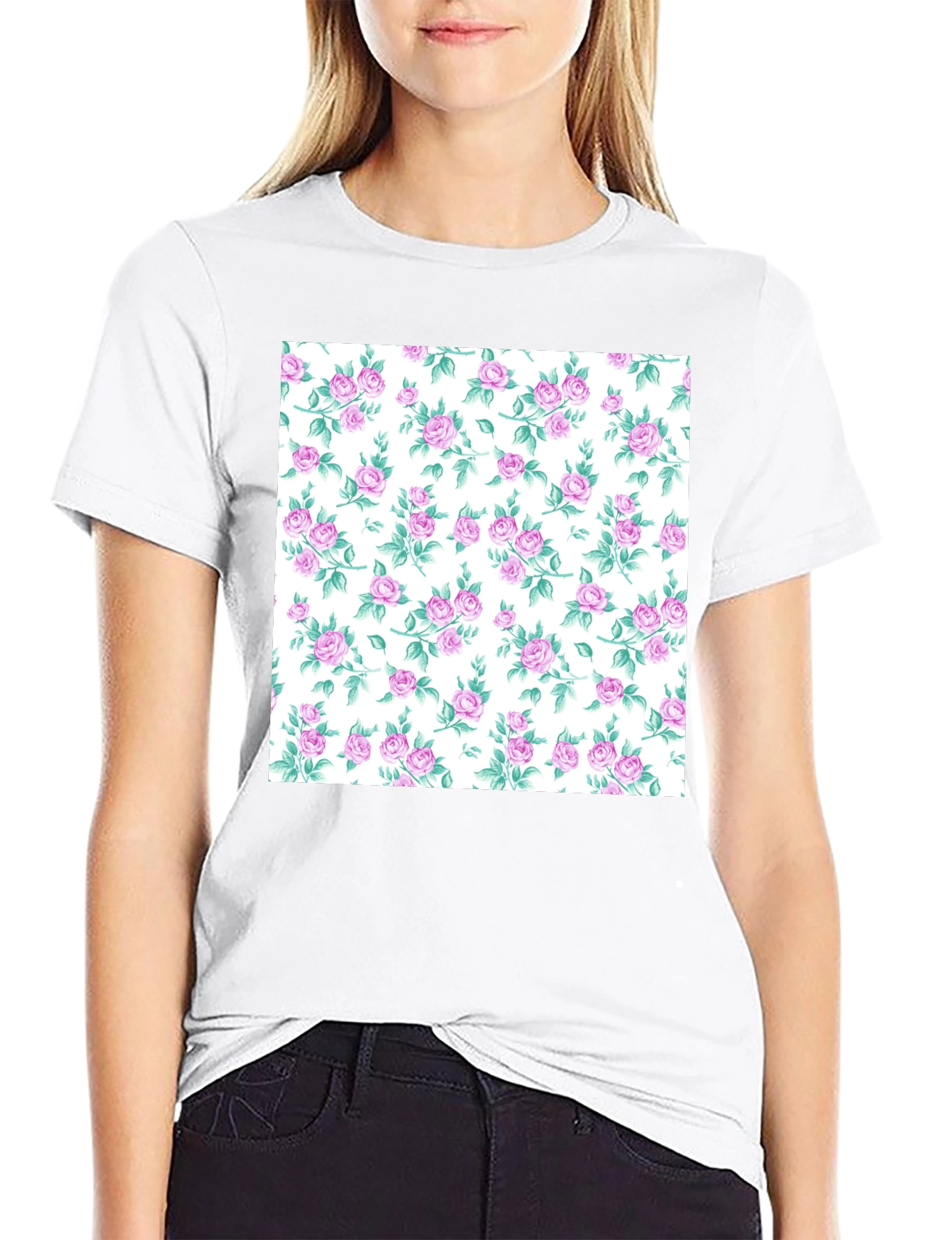 Floral Print T-Shirt - Stylish Rose Pattern