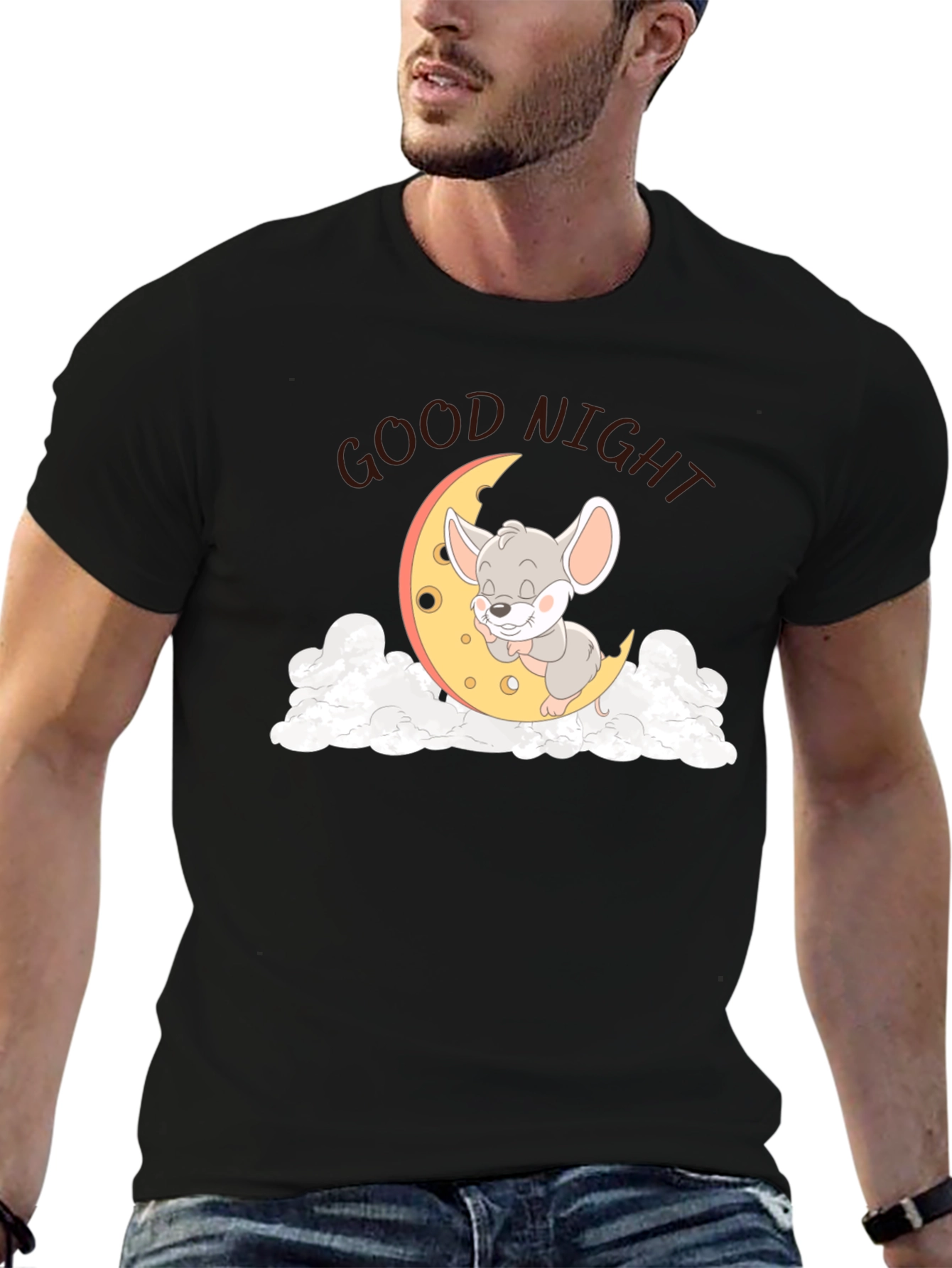 Cute Sleeping Mouse on Moon Graphic T-Shirt