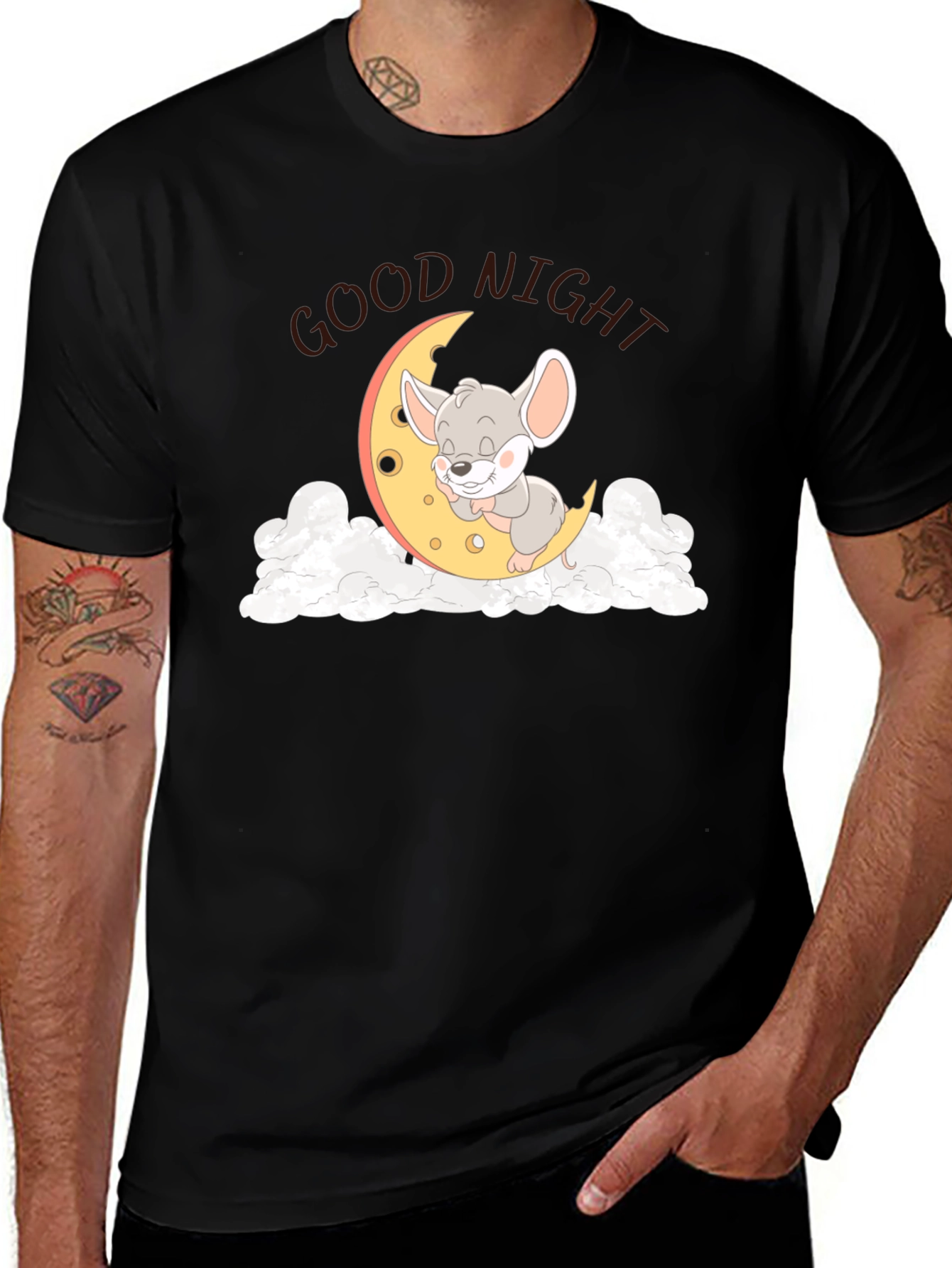 Cute Sleeping Mouse on Moon Graphic T-Shirt