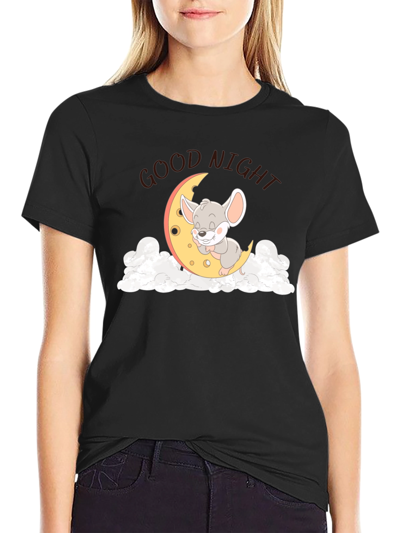 Cute Sleeping Mouse on Moon Graphic T-Shirt