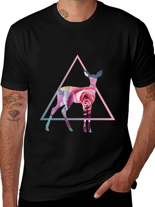 Floral Deer Graphic Tee - Stylish Mens Black T-Shirt