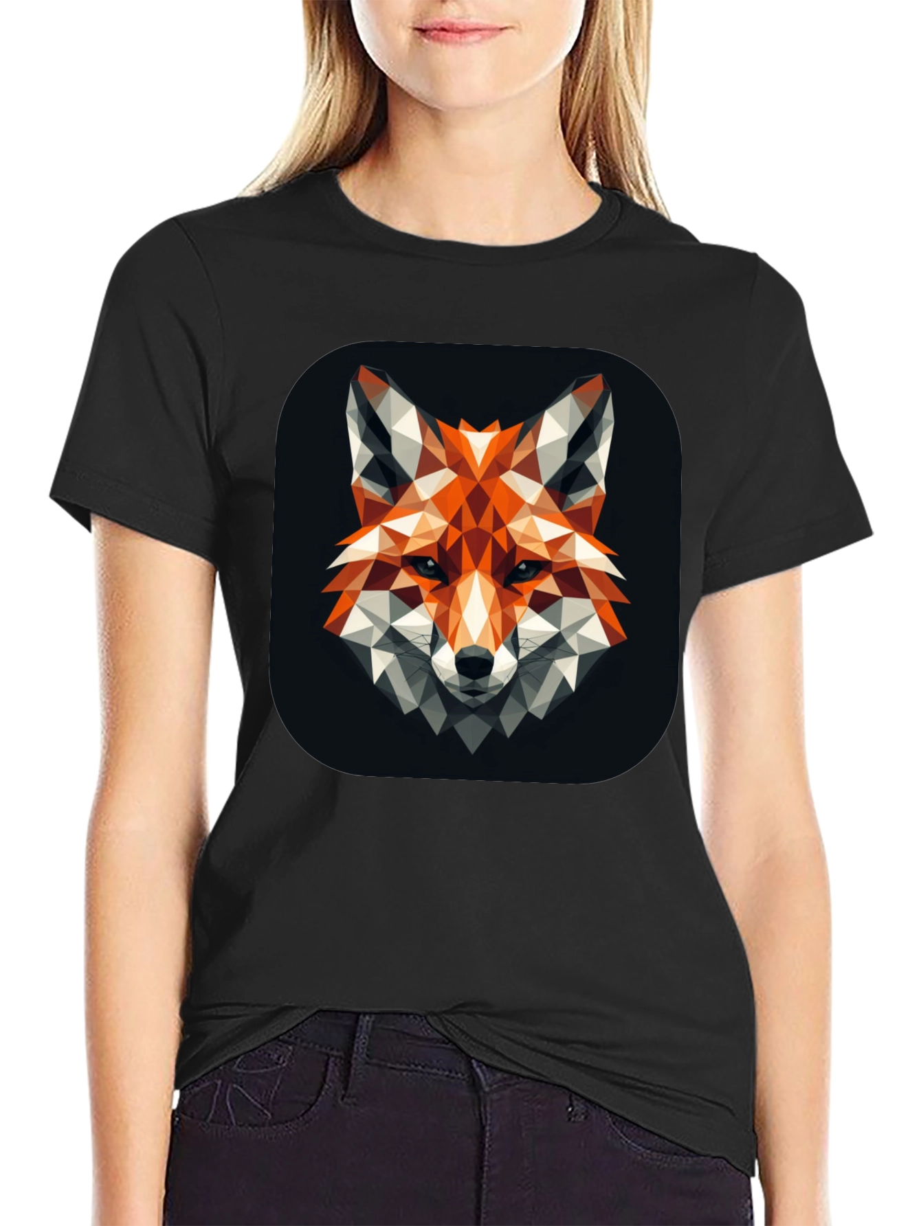 Geometric Fox Graphic Black T-Shirt