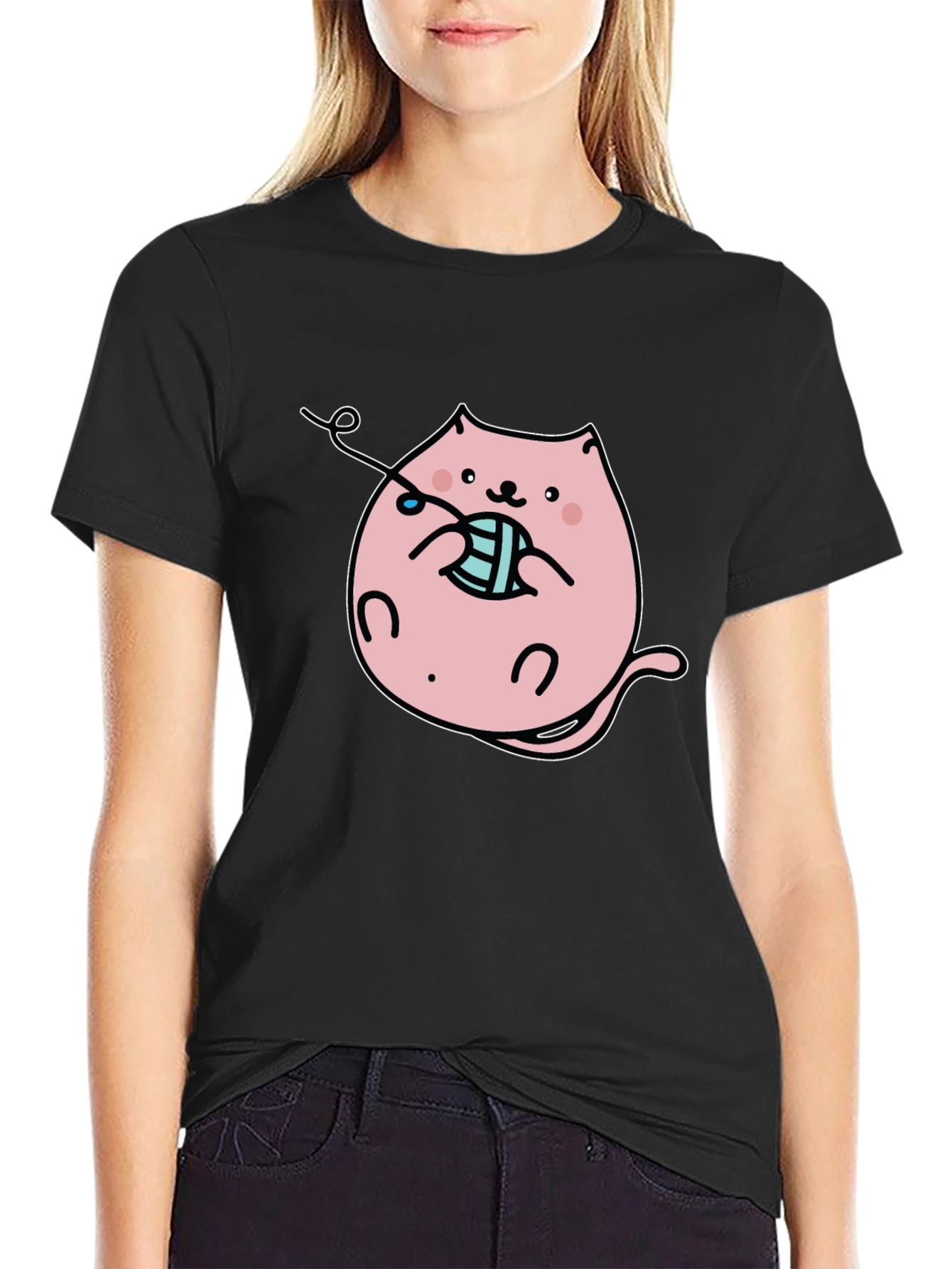 Cute Cat Knitting T-Shirt - Black